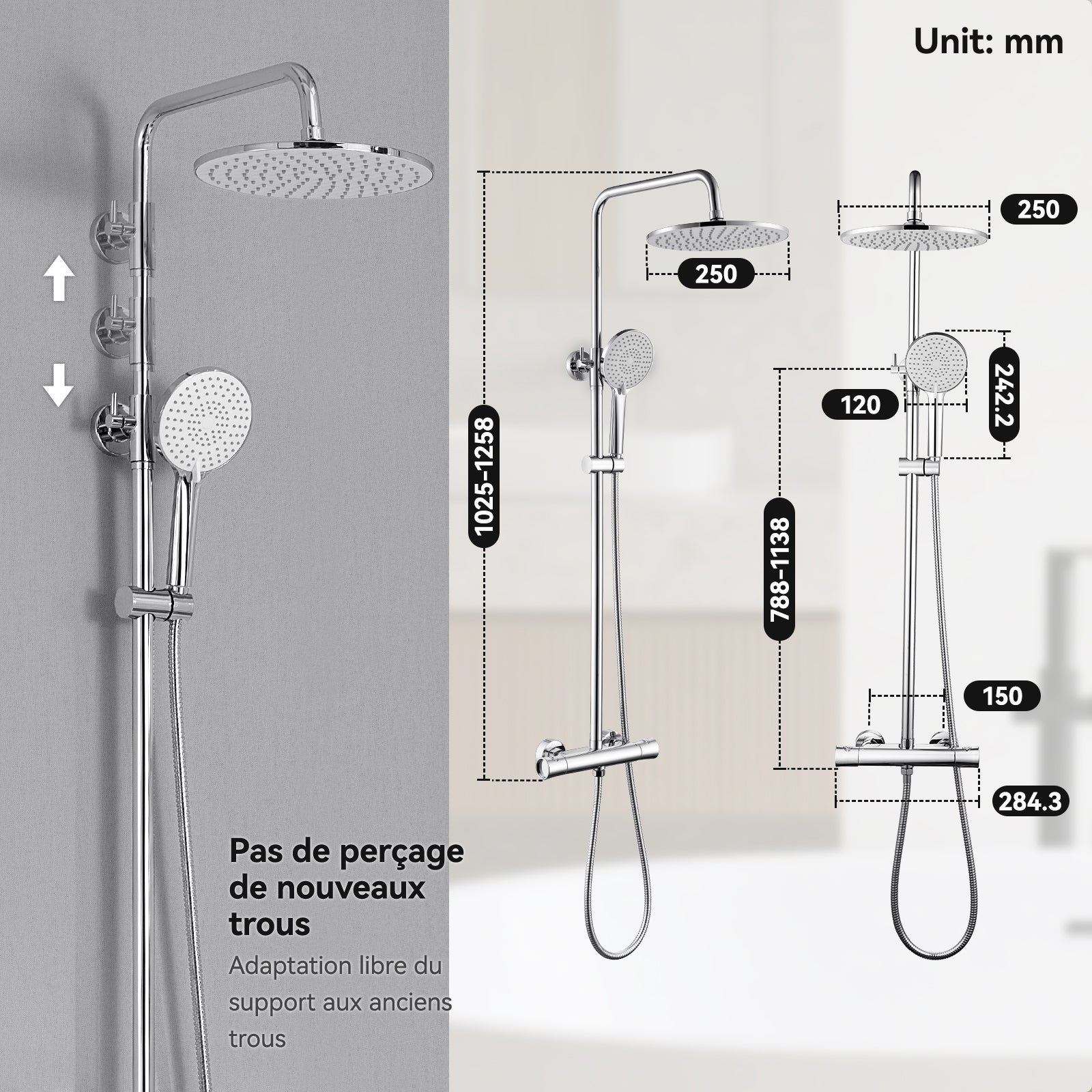 Lot 20 Colonnes Douche Chromées,Thermostatiques,avec Pommeau Douche 3 Jets,Douche Tête 25 x 25 cm,Hauteur Réglable,Ensemble Douche Salle Bain,Rond - 5