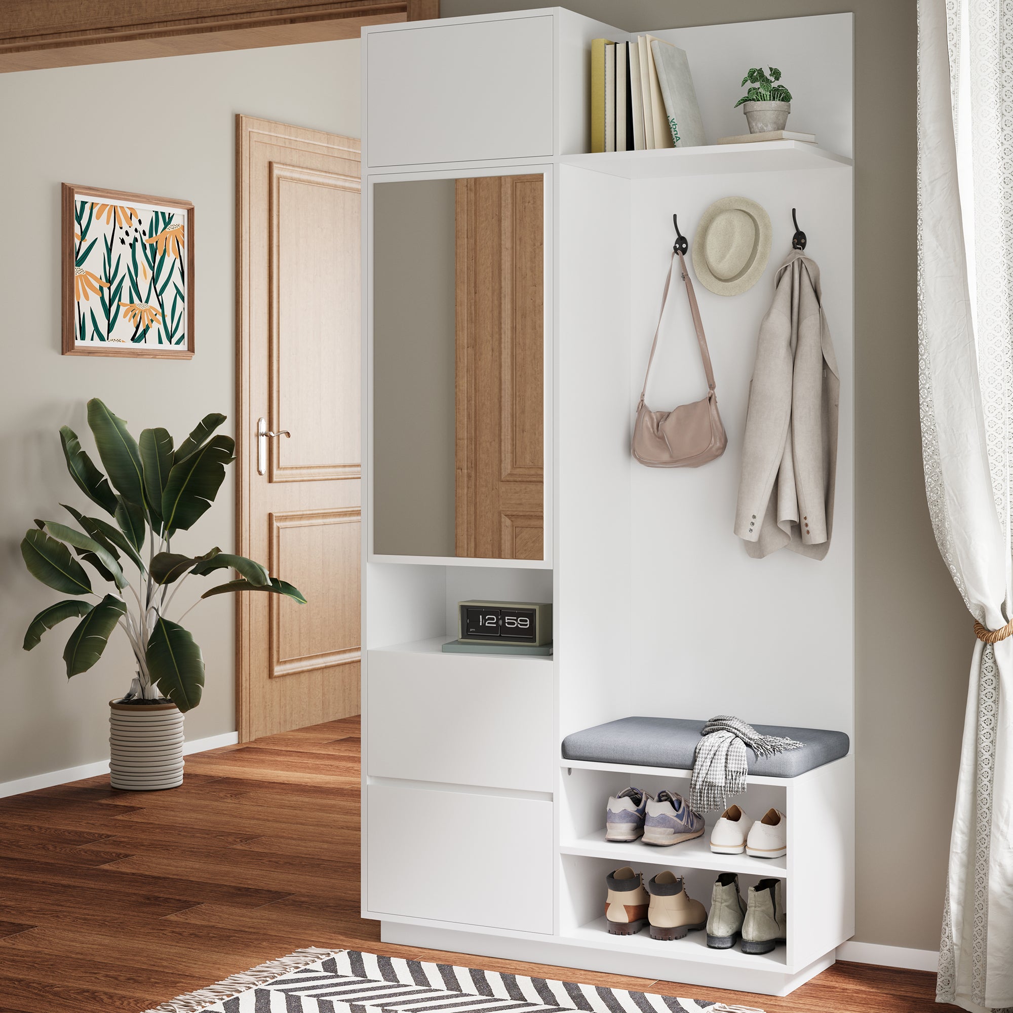 Szafka na buty z lustrem, ławką, wieszakami, 3 drzwiami i 1 szufladą - 90 x 34,5 x 190 cm - MDF - biała - 8