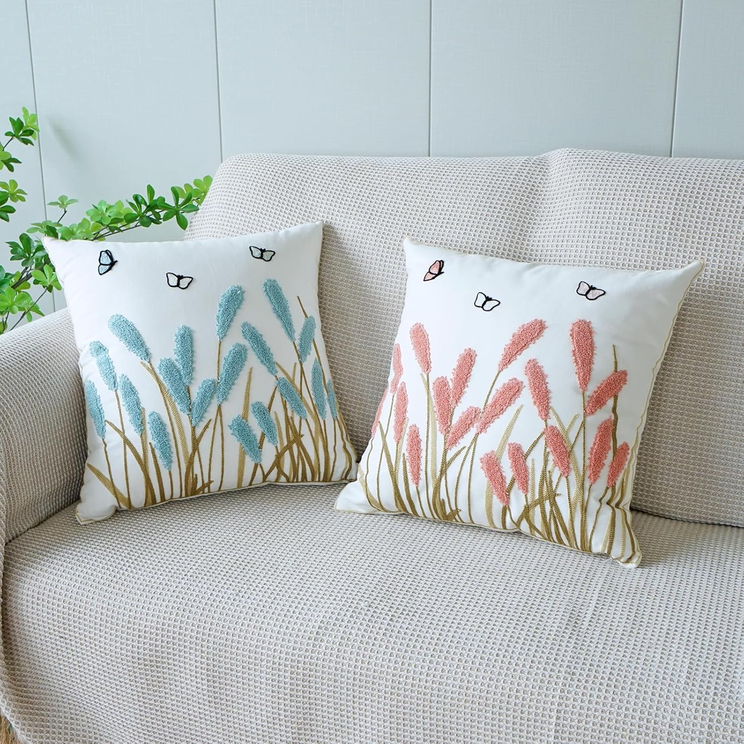 Tissu en coton avec broderie d'herbes de la pampa, style bohème (rose, 45 x 45cm) - 6