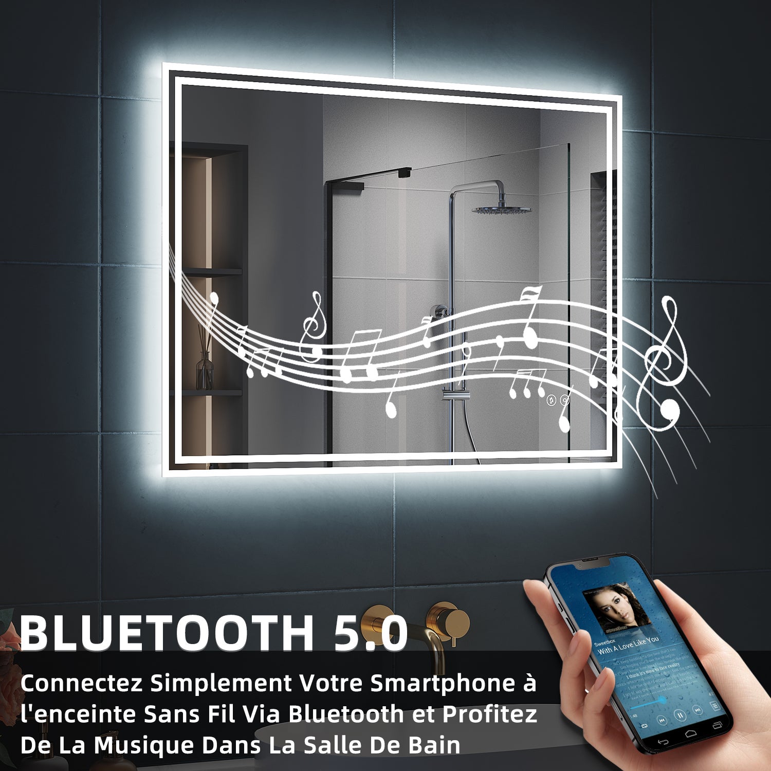 SIRHONA Miroir Lumineux Salle de Bain LED Eclairage Intégré, Fonction Bluetooth 5.0/Horloge/Anti-buée Horizontal 120x70cm Mirroir LED Rétro-éclairé - 3