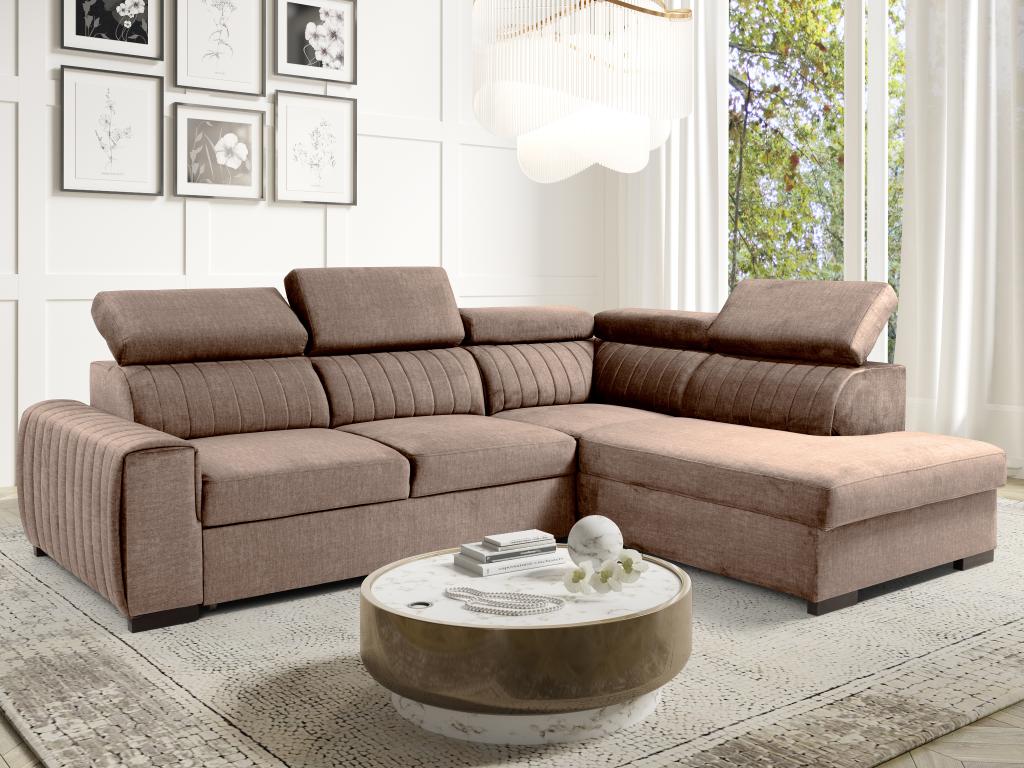Grand canapé d'angle droit convertible en velours taupe LARICA | Leroy ...