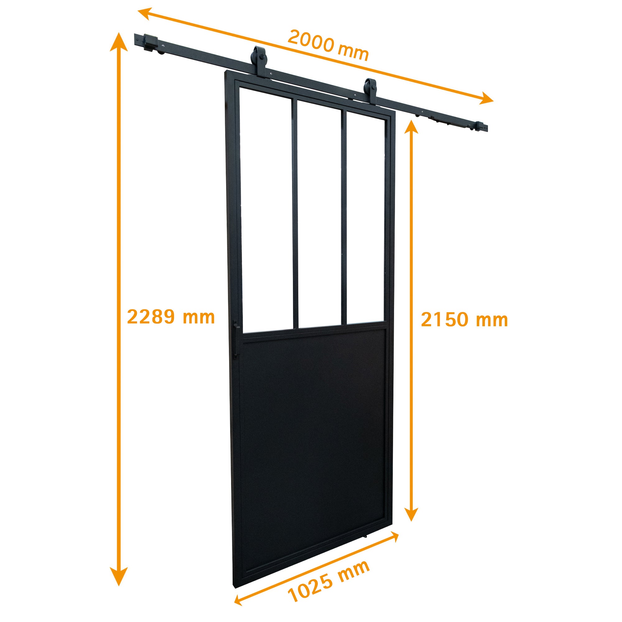 Kit porte coulissante Atelier acier noir verre transparent + rail H.215 x l. 102 cm, SCHULTE, double amortisseur, porte coulissante intérieure vitrée - 2