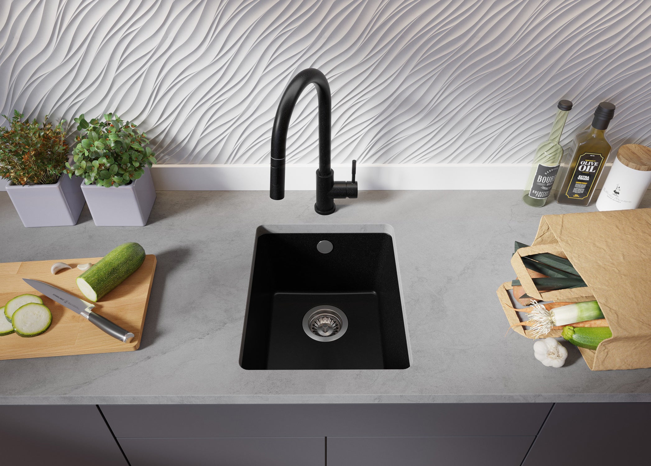 Lavandino sottotop Tutto Nero 36x44cm, Lavello in Granito a 1 vasca + Sifone Classico + Accessori, Lavabo da Cucina al mobile 40cm PRIMAGRAN - 3