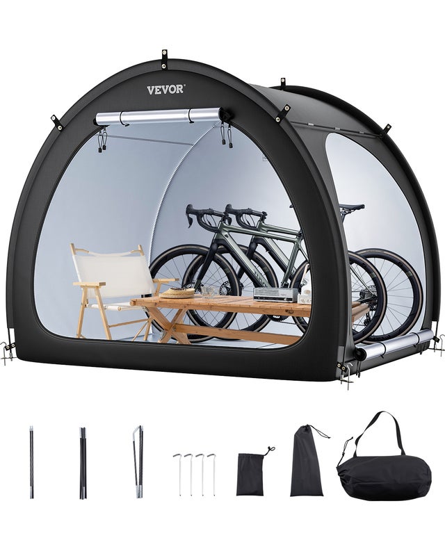 Abri à vélos VEVOR 4–5 vélos Tente Oxford 210D, Ouvertures latérales doubles (2 panneaux, fermetures éclair + velcro), Poteaux fibre de verre