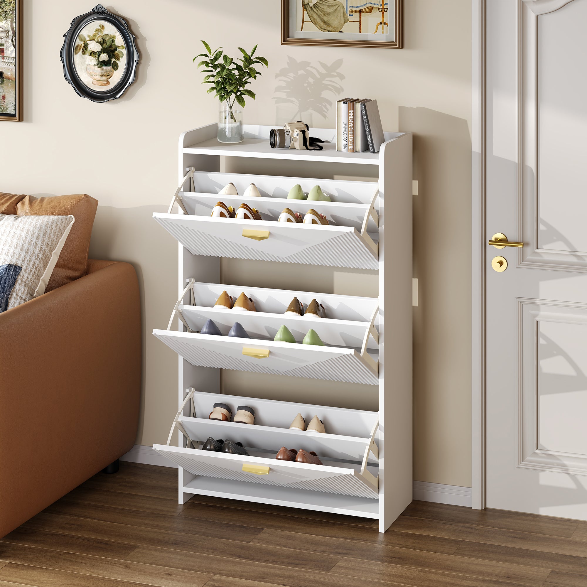 Meuble à chaussures avec 3 portes rabattables - 70 x 30 x 120 cm - MDF - Blanc - 2
