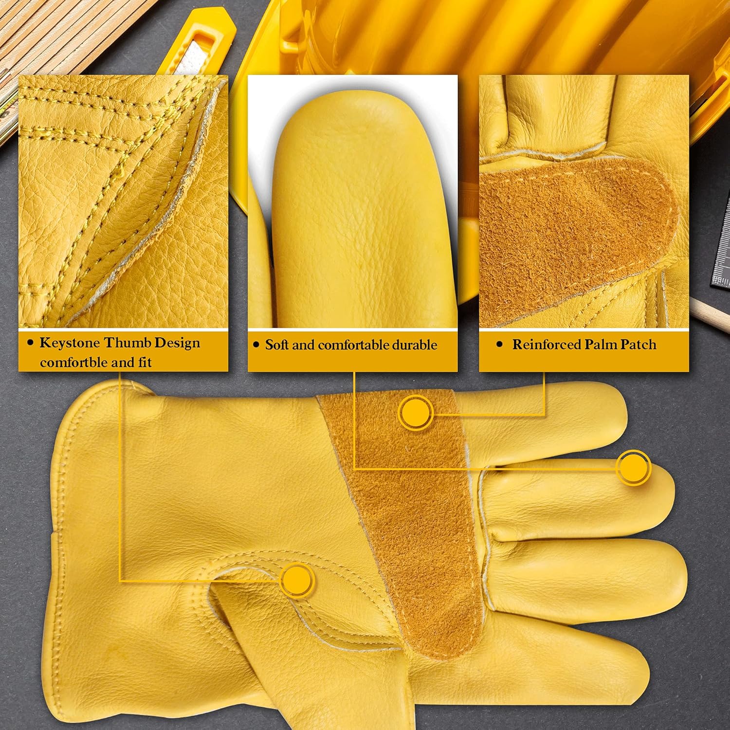 1 Paire Gants de Jardinage pour Hommes/Femmes(Jaune-XL), Gants de Travail en Cuir de Vachette, Gants de Travail pour Jardin Anti-épines et Anti-Coupur - 2