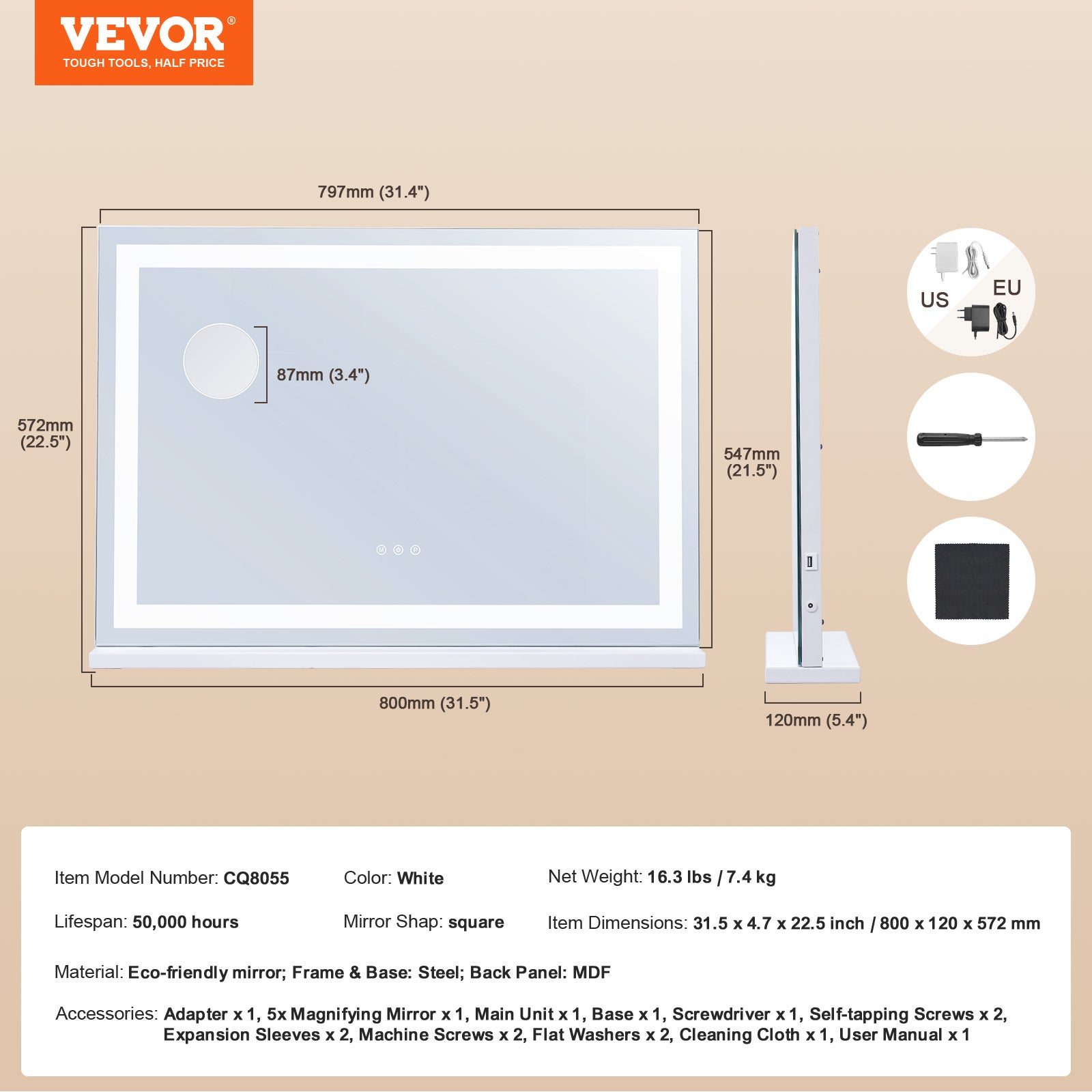 Miroir de Maquillage Hollywood,VEVOR 3 Modes Couleur,Lumière LED Studio Cosmétique,Miroir Grossissant 5X,Port USB,Contrôle Tactile,Support - 7
