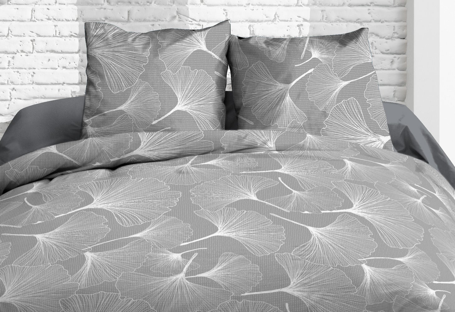 Parure Drap plat + drap-housse 140x190 + 2 T - Pur coton 57 fils - Biloba gris - 3