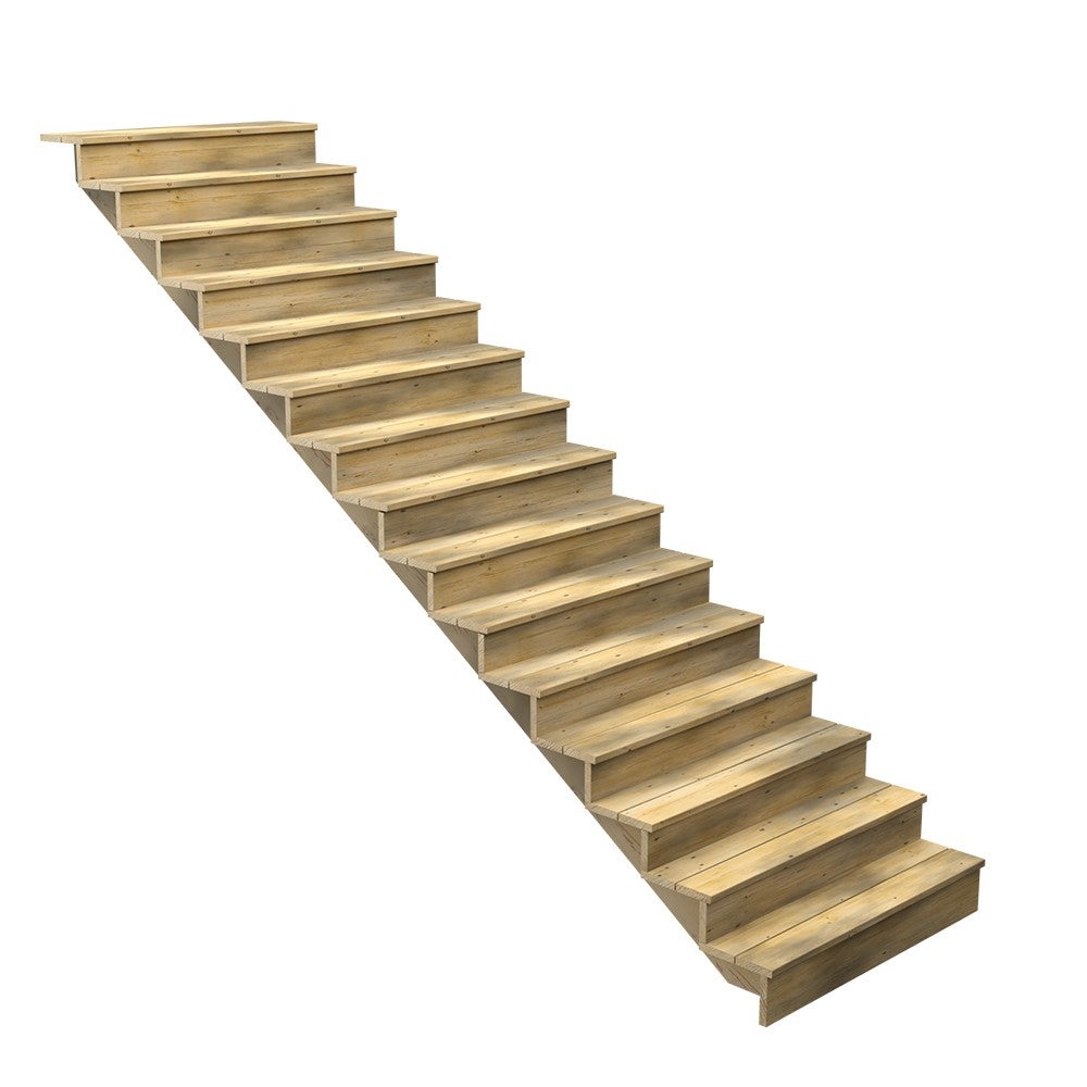 Escalera exterior de madera - 15 peldaños macizos - ancho = 1m20 - peldaños cortables - con contrahuellas - pino del norte - tratado en autoclave