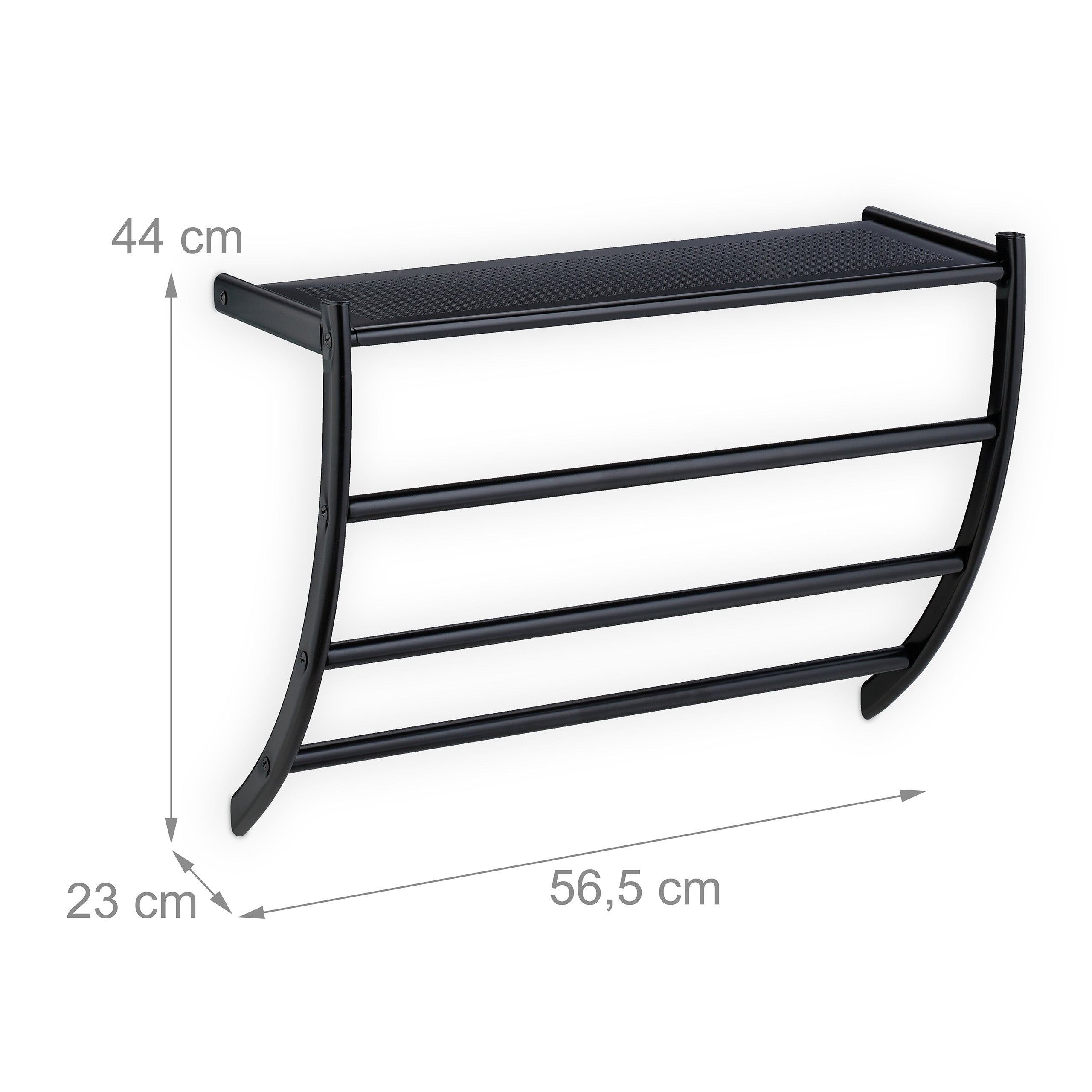 Porte-serviettes mural, HxLxP: 44 x 56,5 x 23 cm, tablette & 3 barres, support serviettes salle de bain, noir, Relaxdays - 4