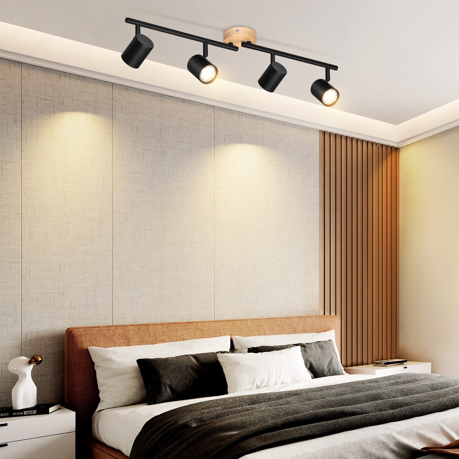 NETTLIFE Plafón LED de 4 llama - Plafón GU10 negro Foco giratorio Aplique de madera Foco de pared para salón dormitorio Sin bombilla - 8