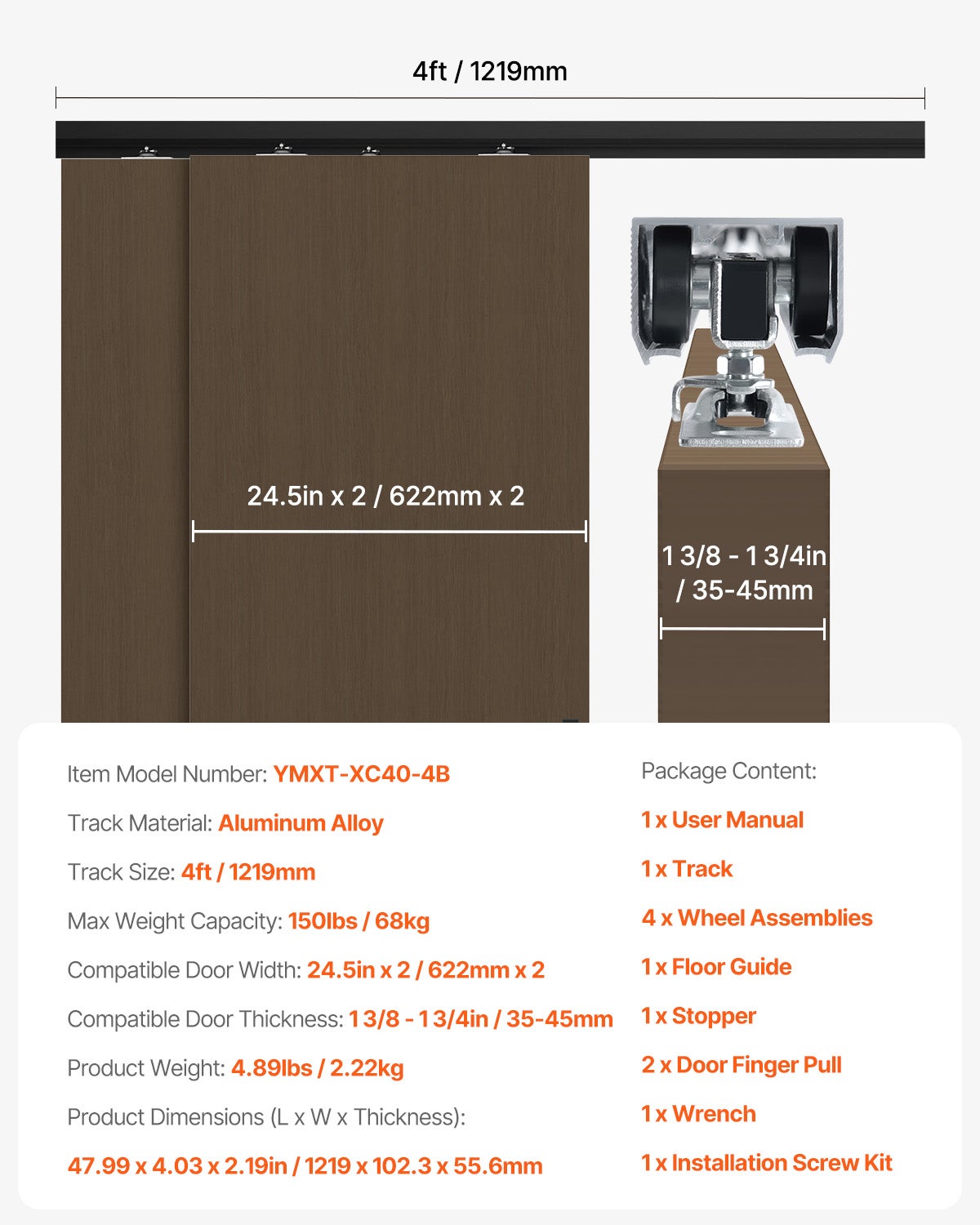 Kit Herrajes para Puerta Corredera 1219 mm,VEVOR Kit Rail en Aleación Aluminio con Manijas de Dedo,Sistema de 2 Puertas,para Grosor Puerta 35-45 mm - 7