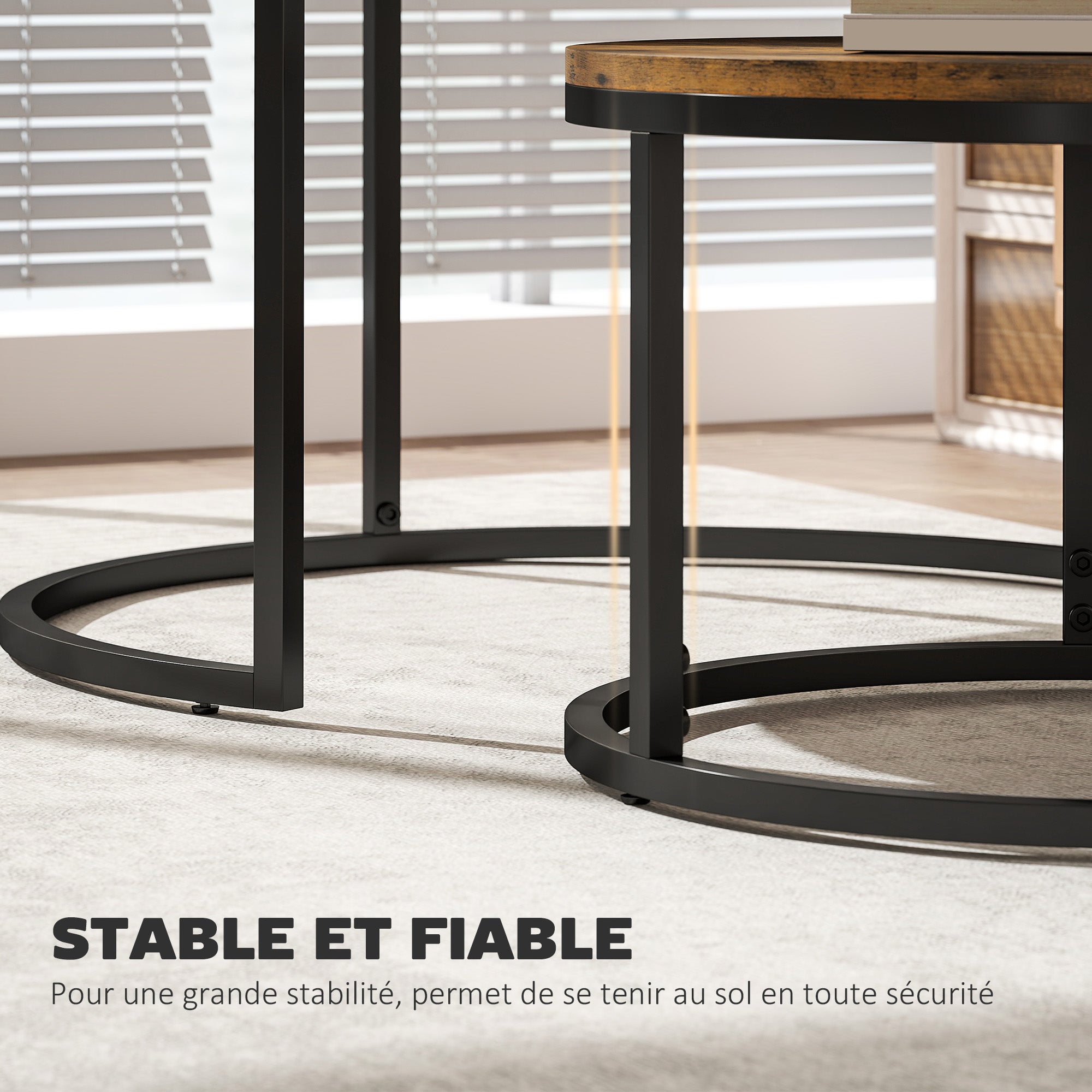 Lot de 2 tables basses gigognes empilable design industriel plateau imitation ciment pieds en métal brun rustique - 8