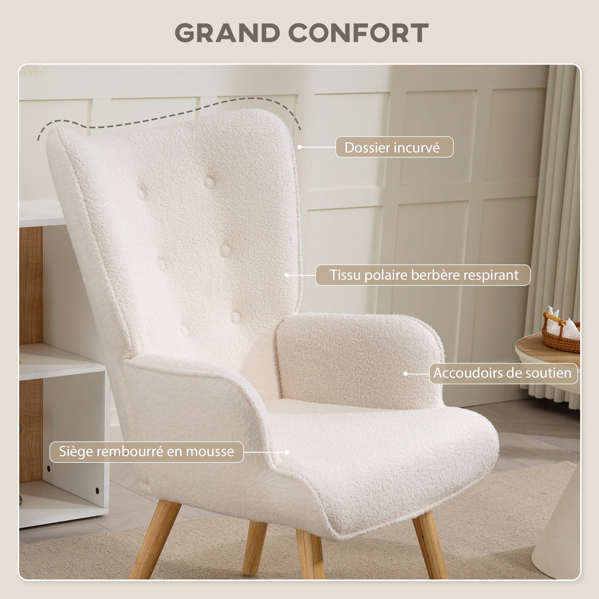 Fauteuil de salon en tissu bouclé, capitonné et rembourré, pieds en bois, 71 x 74 x 96 cm, beige - 8