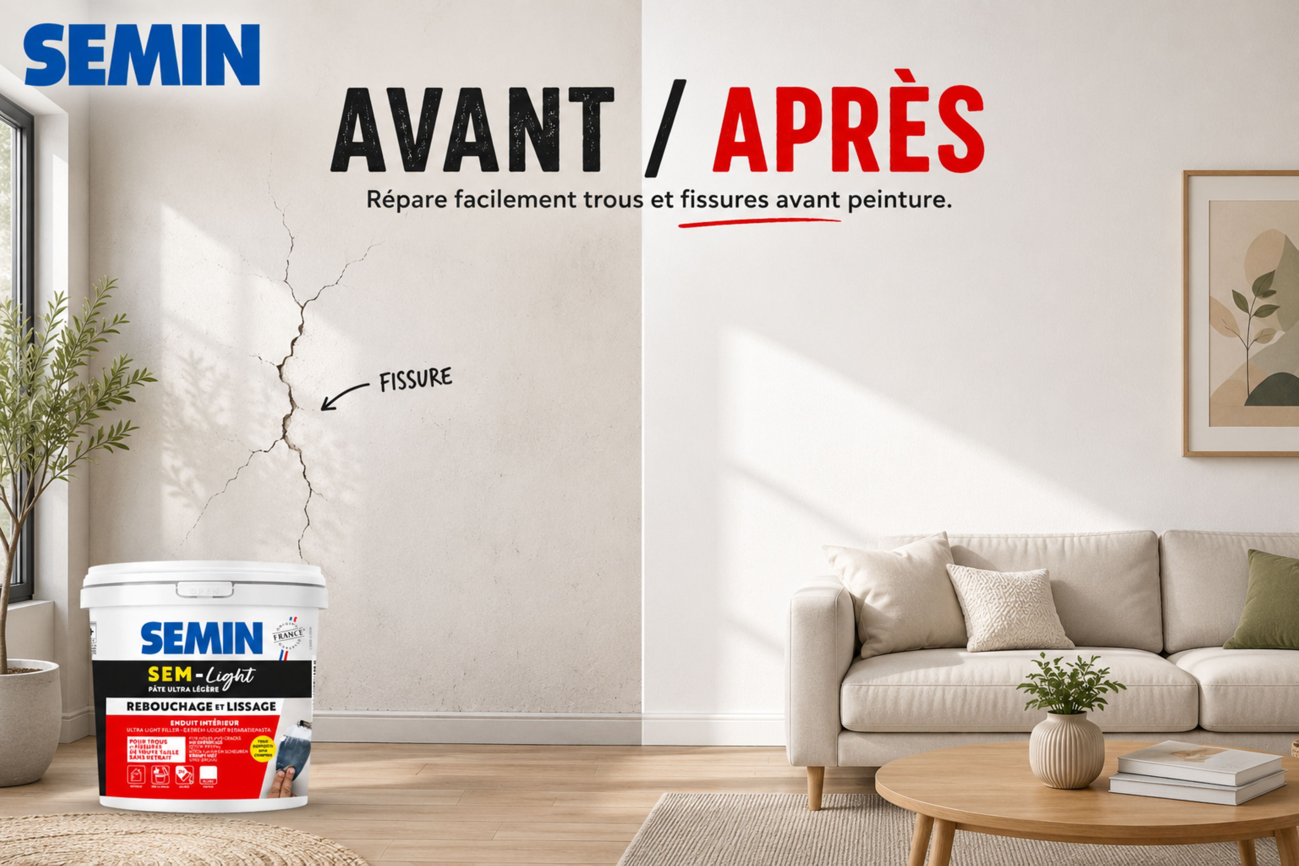 Enduit de Rebouchage Allégé pour Trous et Fissures Importants, Sem-Light Semin, Intérieur, Seau de 10 L - 3