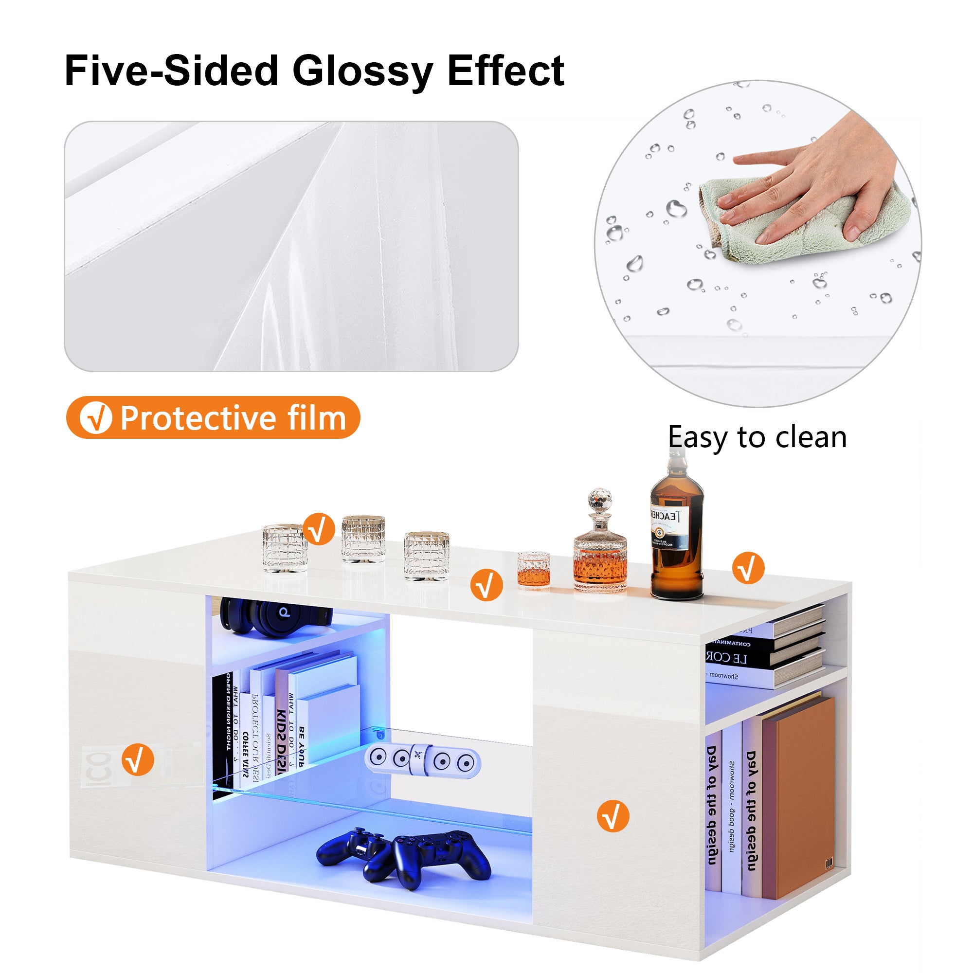 Stolik kawowy z 2 półkami - 96 x 45 x 45 cm - Diody LED - Płyta wiórowa i szkło - Biały połysk - 7