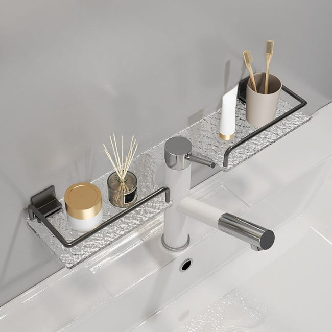 Półka łazienkowa ścienna bez wiercenia, akrylowa, czarna fala, 50 cm, organizator na baterię i umywalkę, nowoczesna