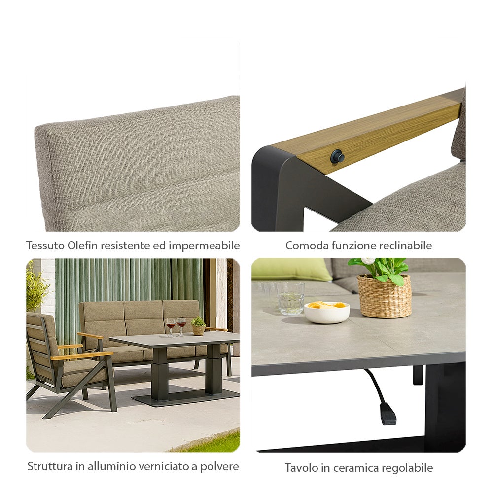 Tempo Style – zestaw wypoczynkowy aluminiowy KEA | Leżak ogrodowy z sofą, stołem, 2 fotelami i poduszkami | Zestaw mebli ogrodowych dla 4 osób - 4