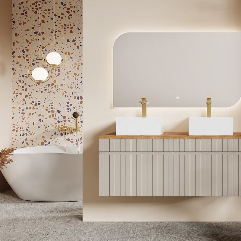 Wisząca szafka łazienkowa prążkowana beżowa z nablatową umywalką kwadratową - 120 cm - SATARA