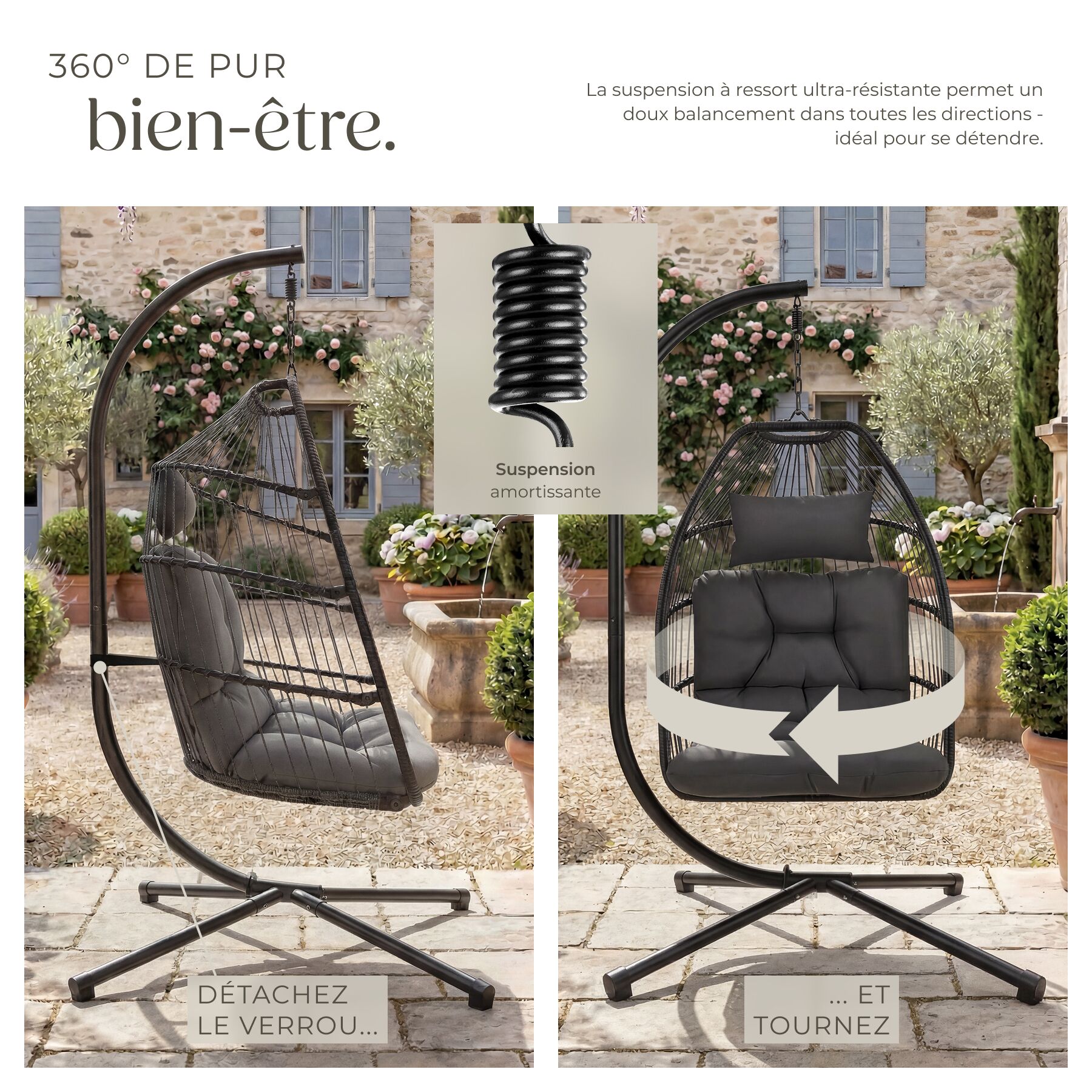 Fauteuil suspendu en acier, pliable, pivotant, coussin épais amovible, gris foncé TECTAKE - 7