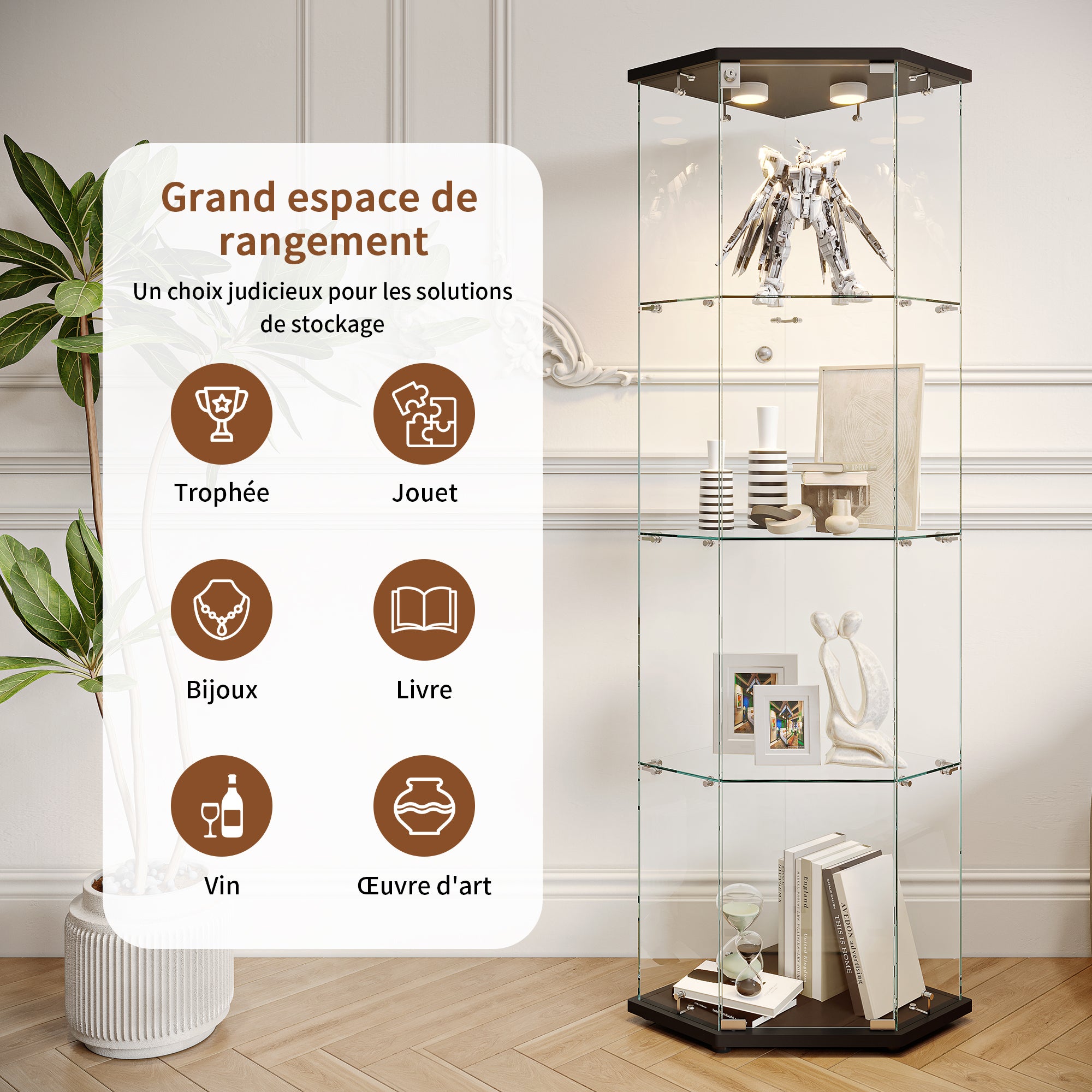 LED Vitrine, Vitrine en Verre, Vitrine pour collection Transparent en verre 4 Couches avec 1 Porte, pour salon et chambre à coucher,cinq angles,noir - 5