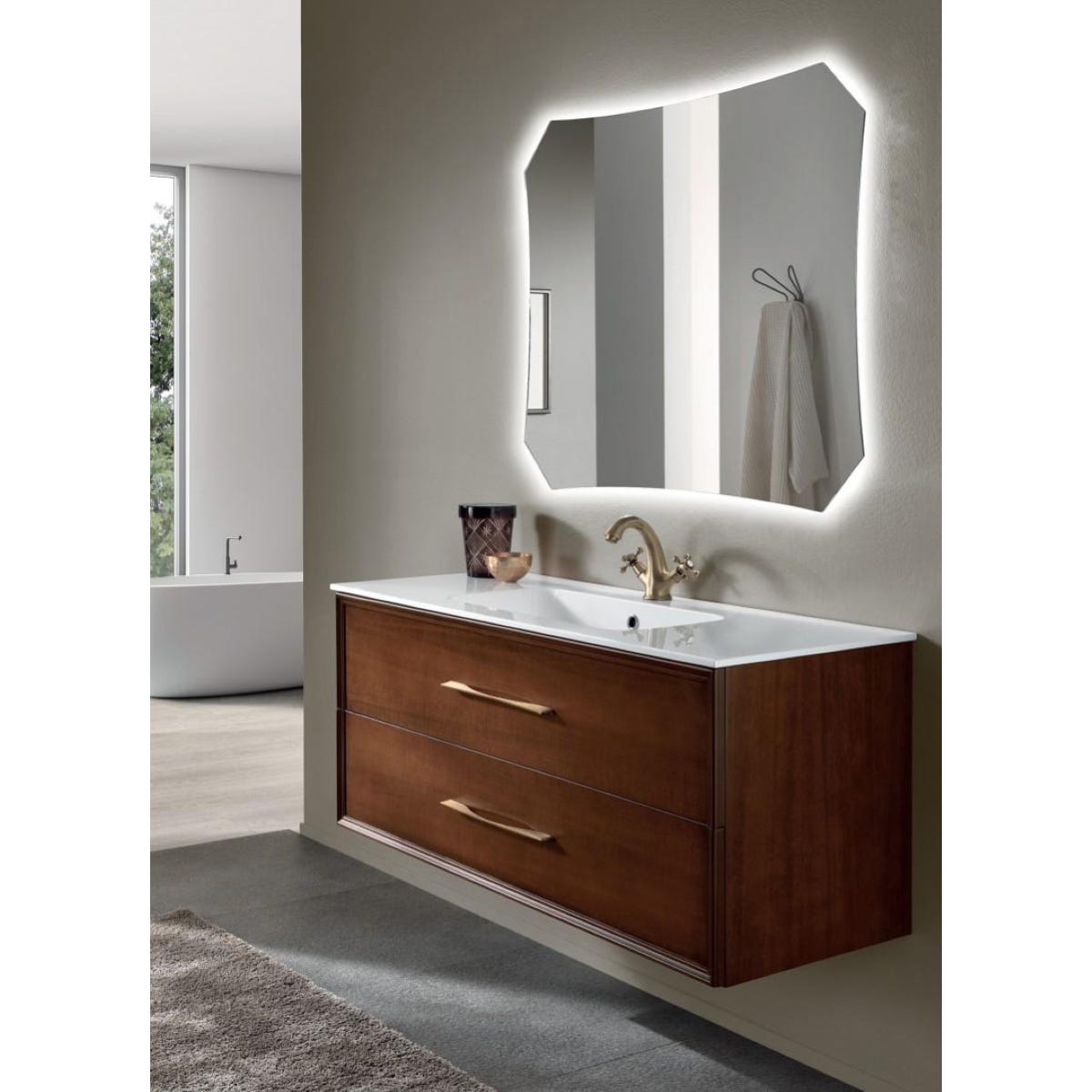 Set bagno CLASSIC Noce Chiaro 120 cm sospeso base 2 cassetti con lavabo ...
