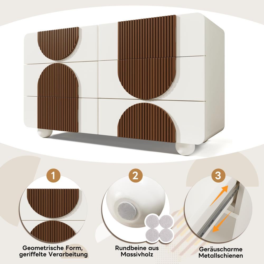 Commode 6 tiroirs design courbé, élégant buffet blanc avec liserés chocolat et sécurité anti-basculement - 6
