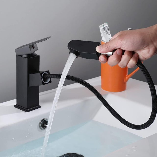 Bateria umywalkowa z wyciąganą słuchawką – Czarny kran do łazienki, nowoczesny design, wysokość 18 cm