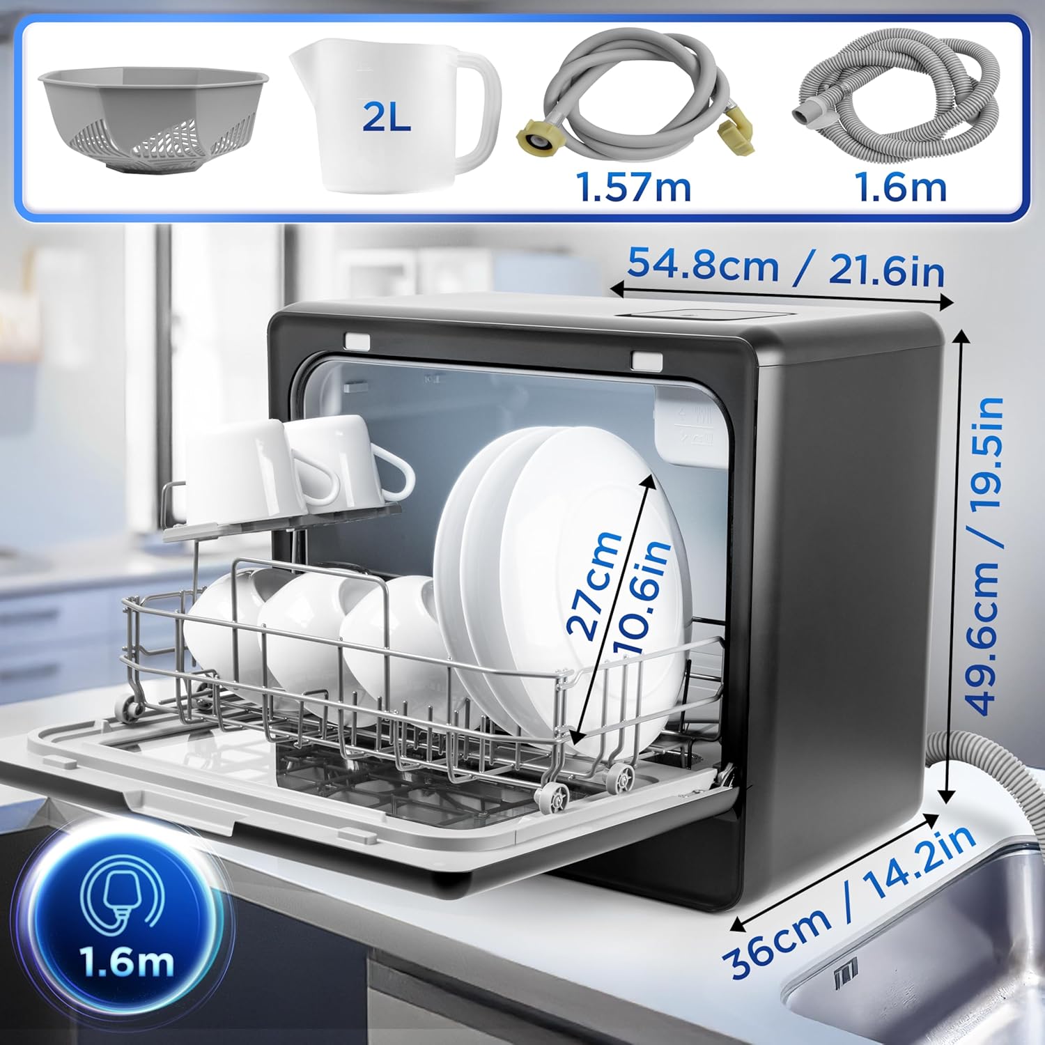 Duronic DW10 BK Lave-vaisselle de table 1050W Lave vaisselle posable Gain de place pour petite cuisine 5 programmes Lavage Séchage plats assiettes - 2