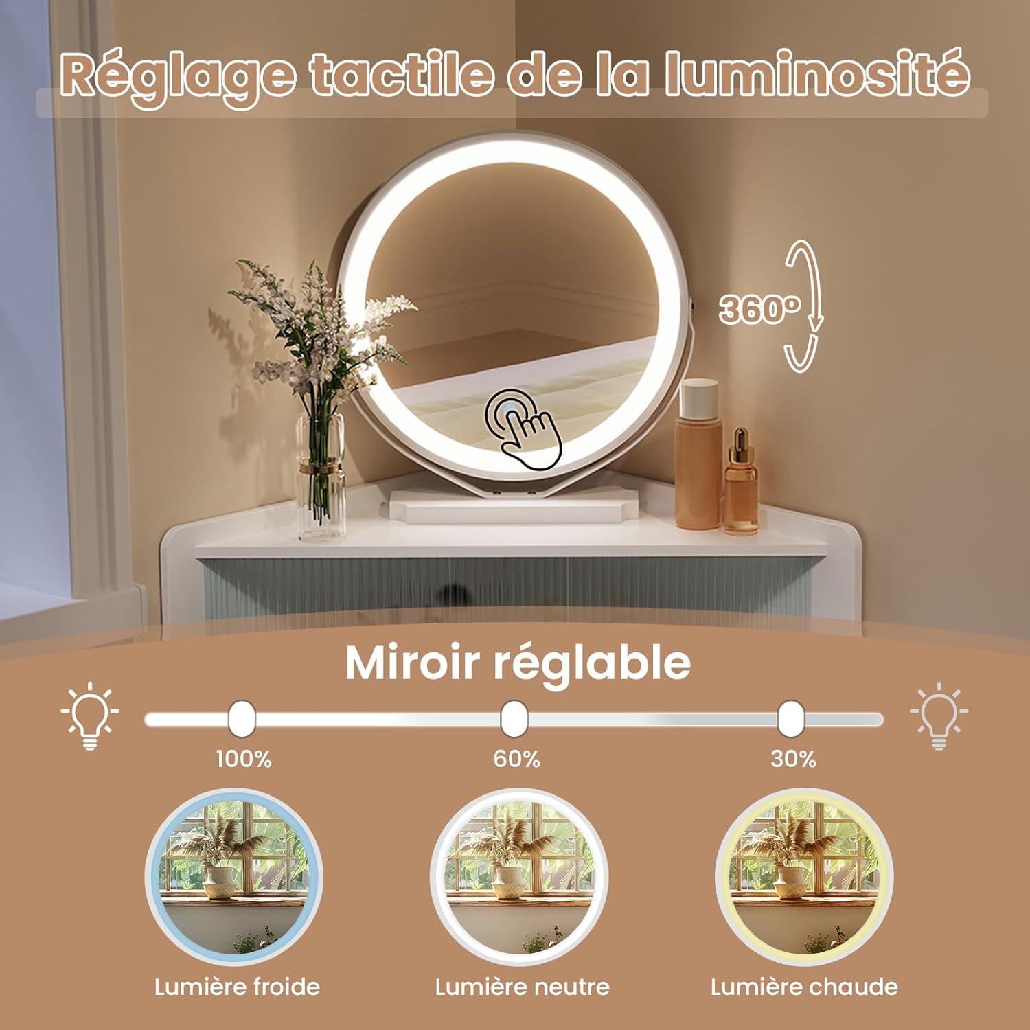 Coiffeuse avec miroir en MDF Blanc H. 139 x l. 99 x P. 63 cm - 3