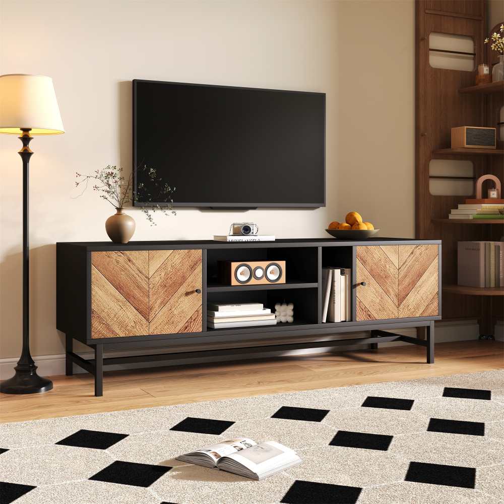 Stojak pod telewizor 150 cm, czarno-drewniany, wielofunkcyjny, nowoczesny i trwały design