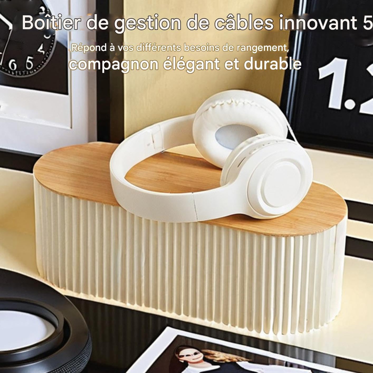Boîtes Multiprise, Boite Rangement De Câbles Avec Couvercle En Bois, Boîtes De Prises, Cache-Cordon Multifonctionnel Et Boîte De Gestion Cache - 3