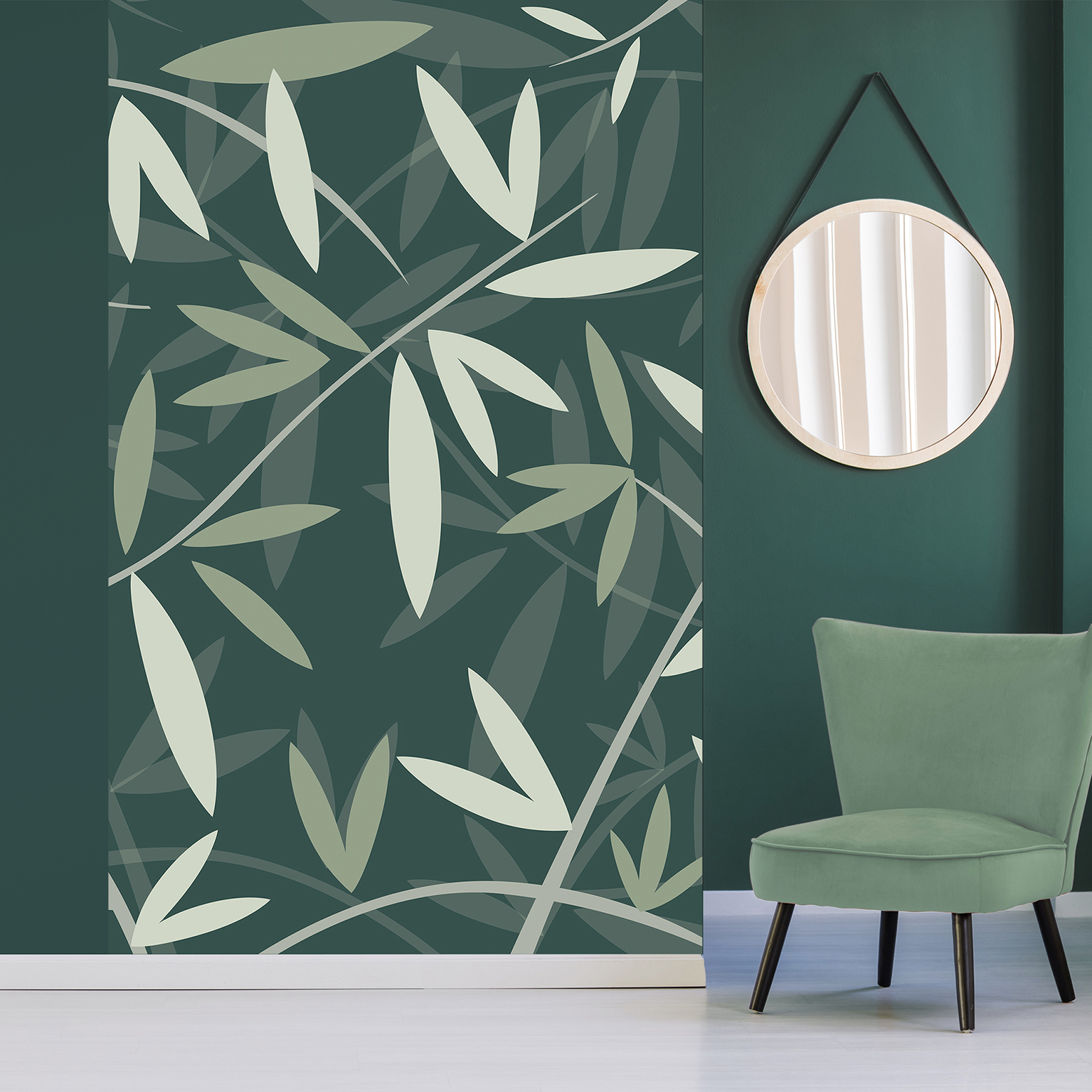 Papel de pantalla panorámico en cuenta, los patrones de bambú con diferentes tonos de verde, sobre un fondo verde oscuro, 250 cm x 150 cm