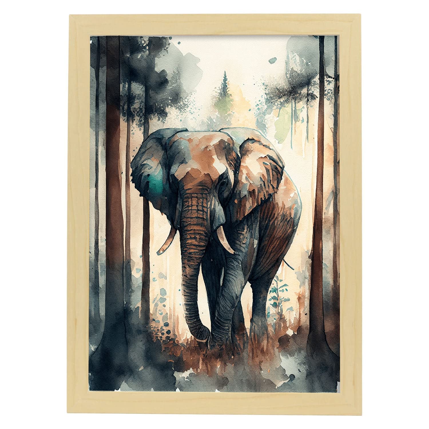 Nacnic poster de elefante en estilo acuarela ilustraciones a todo color de animales salvajes en la naturaleza y a3 con marco de madera clara
