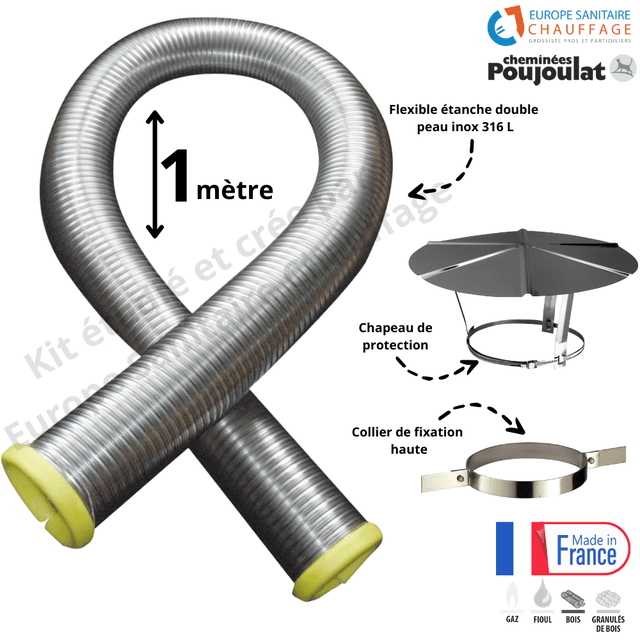 Kit tubage flexible double peau inox diamètre 180 + collier de fixation haute + chapeau Poujoulat - Longueur 1 mètre