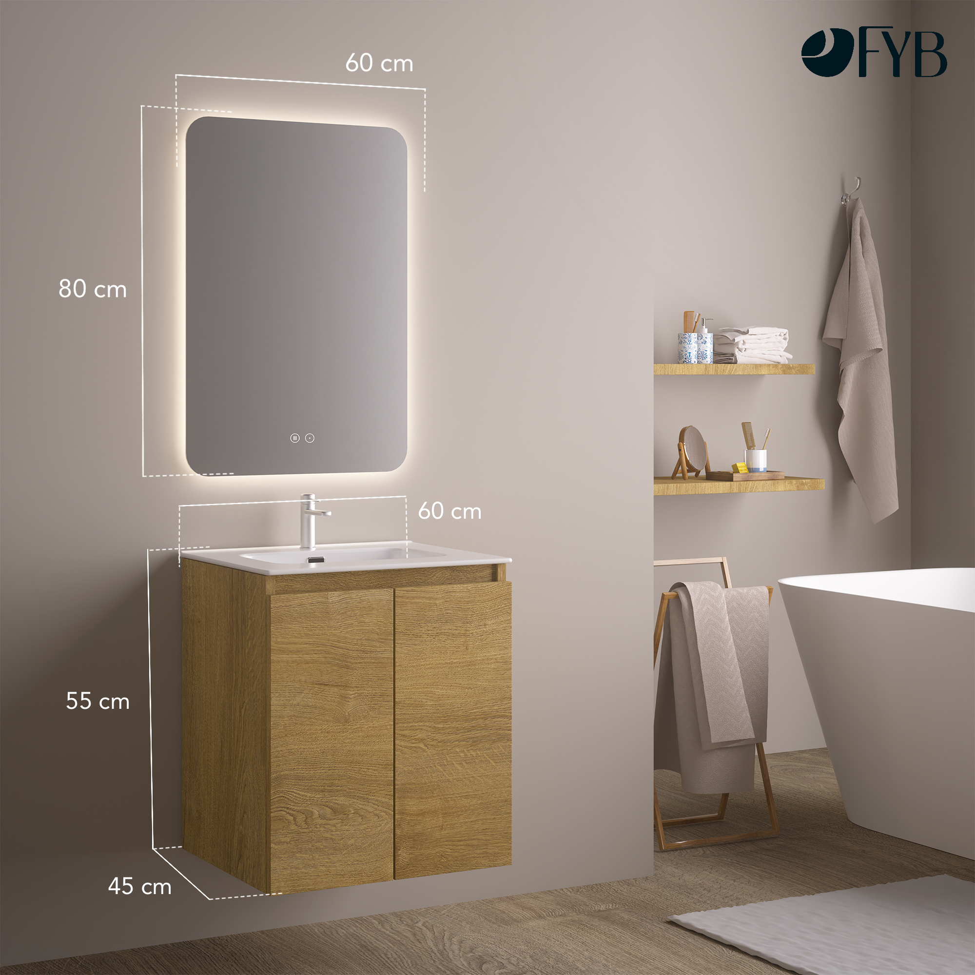 Feel Your Bath, Meuble De Salle De Bain WOLF Marron 60 cm, 2 Portes, Vasque Céramique Intégrée Et Miroir Carré LED Antibuée - 3