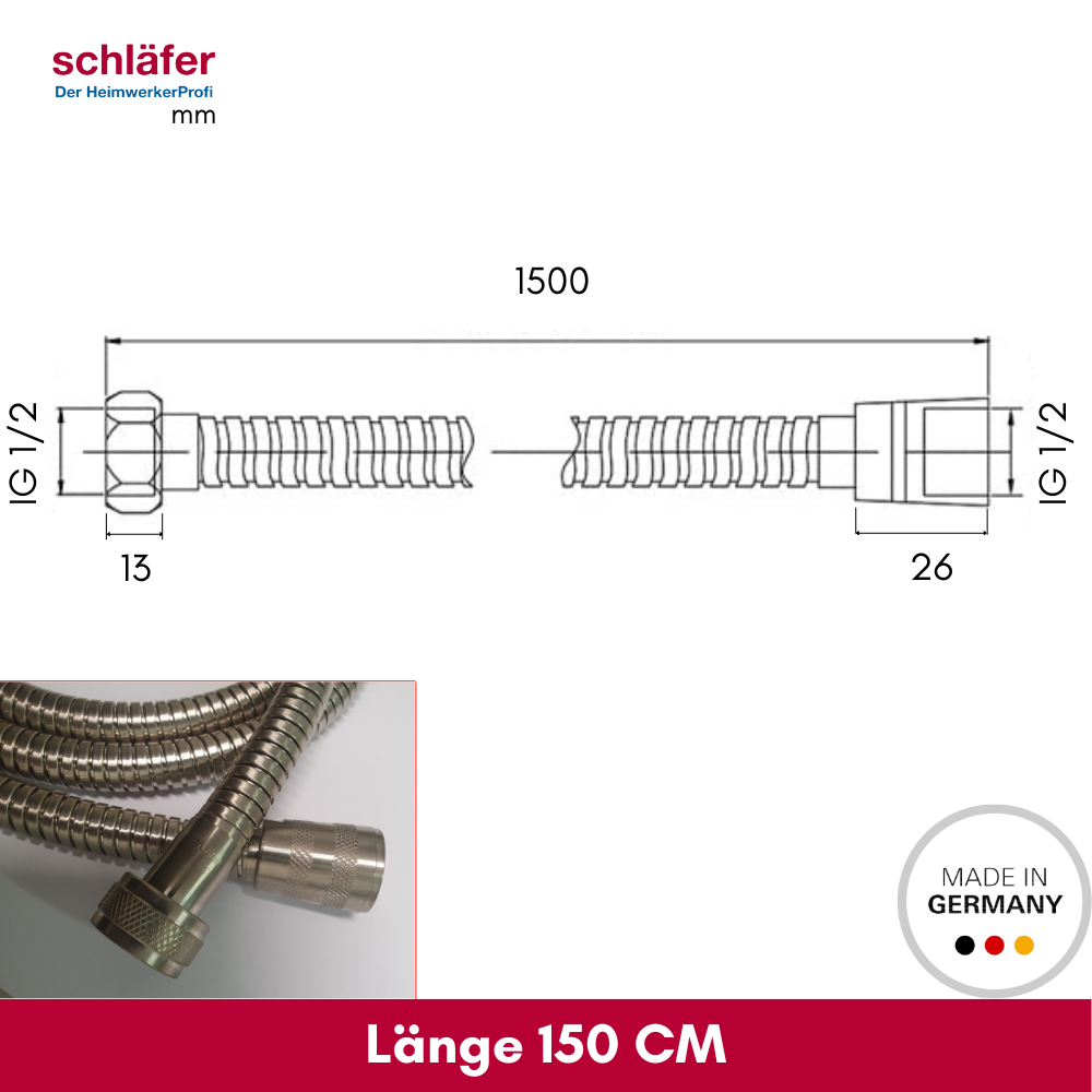 Flessibile Doccia Antitorsione 1,6m - Made In Germany Con Attacco Universale