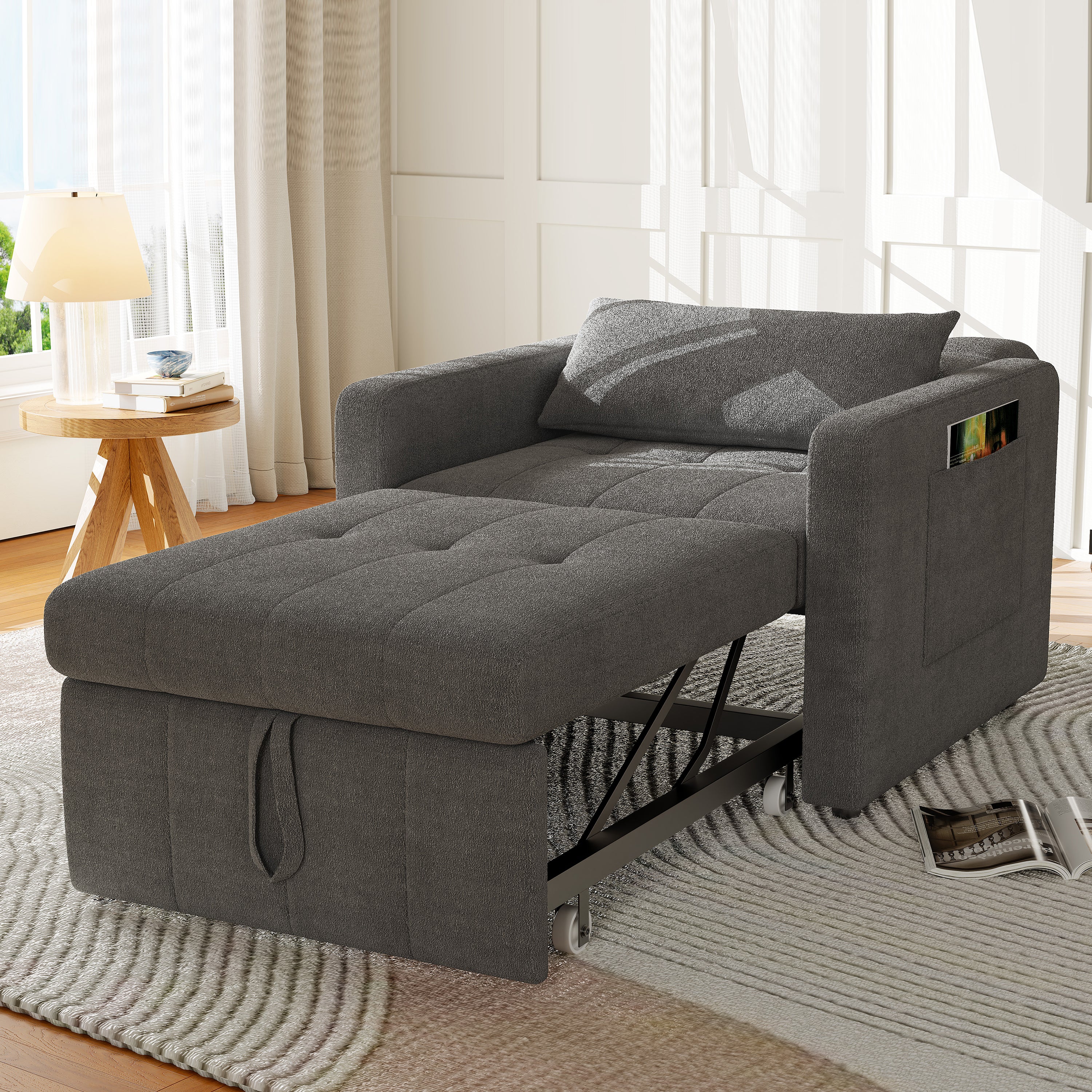 Canapé-lit 1 place pliant - fauteuil - dossier réglable, avec table d'appoint rabattable et poches latérales, tissu chenille - gris - 2