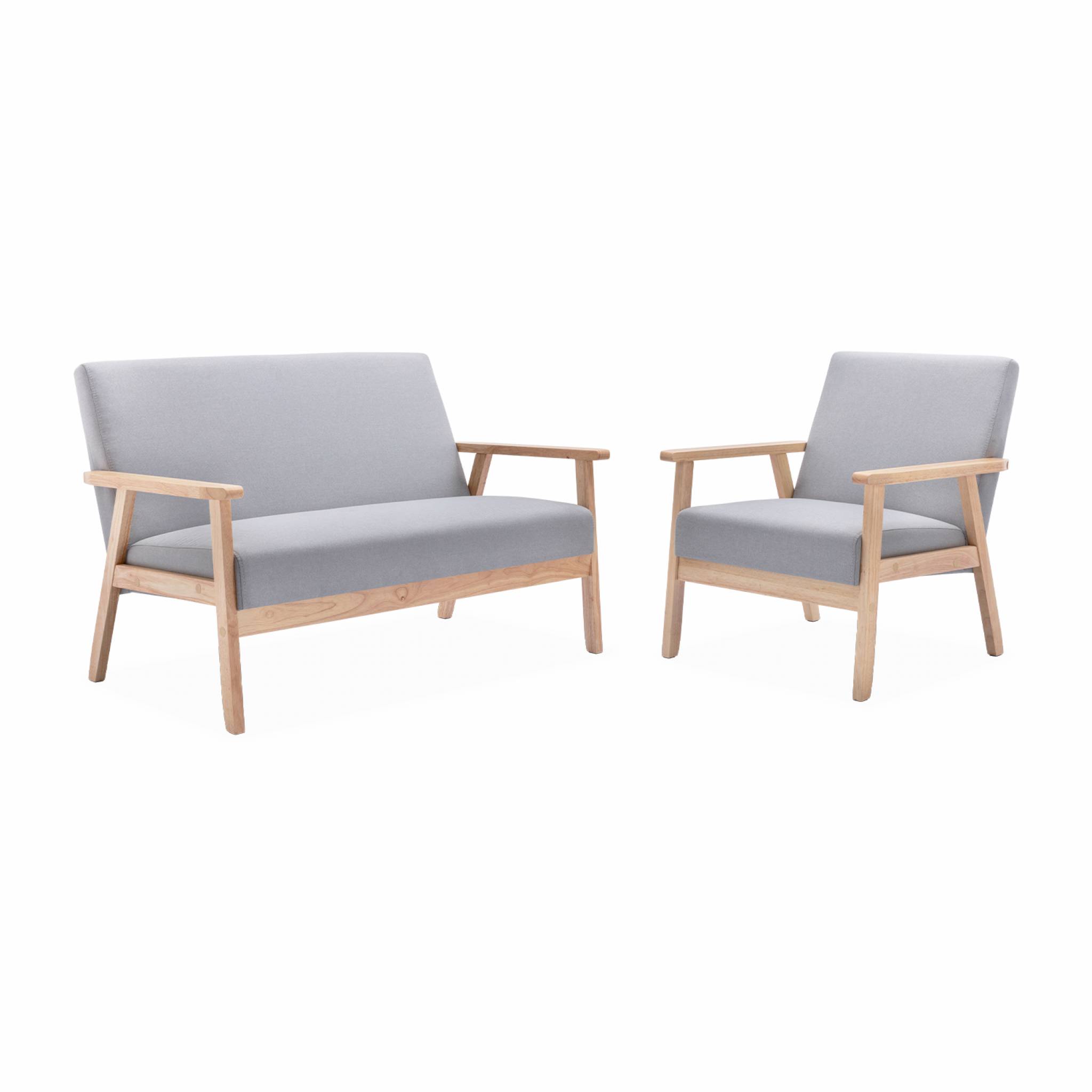 Banco y sillón de madera y tela, 3 plazas, isak, gris claro, 114x69.5x73 cm