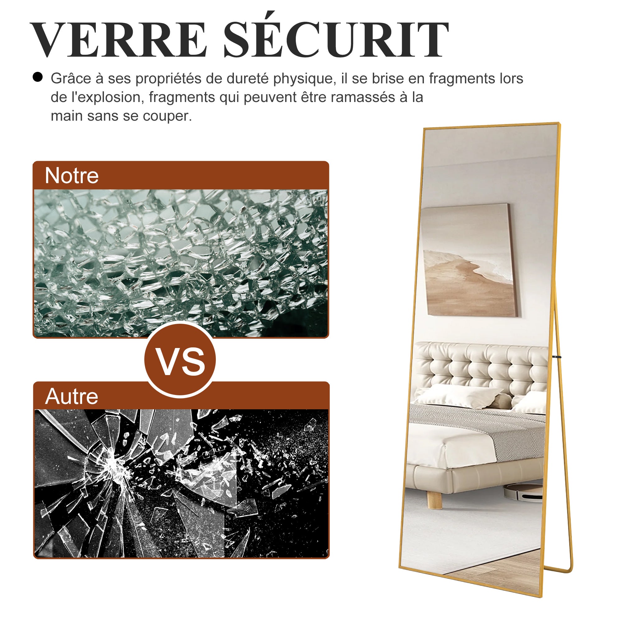 Miroir sur pied Rectangulaire 164 x 54cm, Grand Miroir Intégral avec Cadre en Alliage d’aluminium pour Chambre, Salon, À suspendre ou s'appuyer, Doré - 8