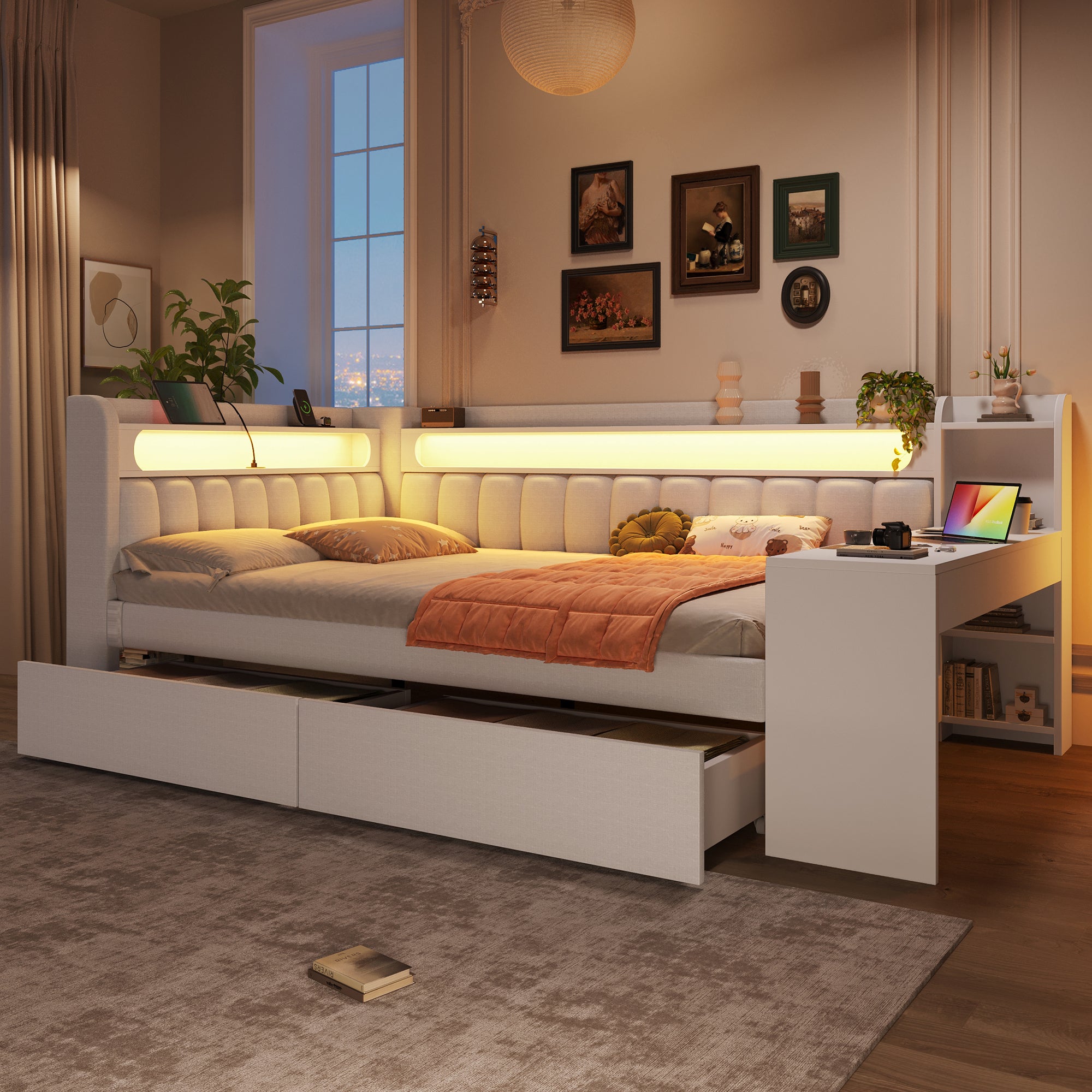 Łóżko 140 x 200 cm z zagłówkiem, 2 szufladami i biurkiem - MDF + sklejka + pościel - porty USB i diody LED - białe (materac nie jest wliczony w cenę)