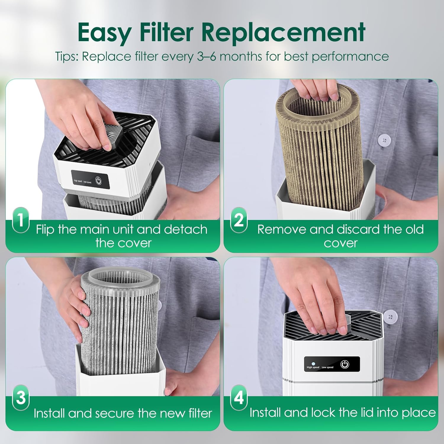 Purificatore d'aria per camera da letto, casa, silenzioso, con filtro HEPA, ideale per allergie, polvere, peli di animali, odori, fumo. - 7