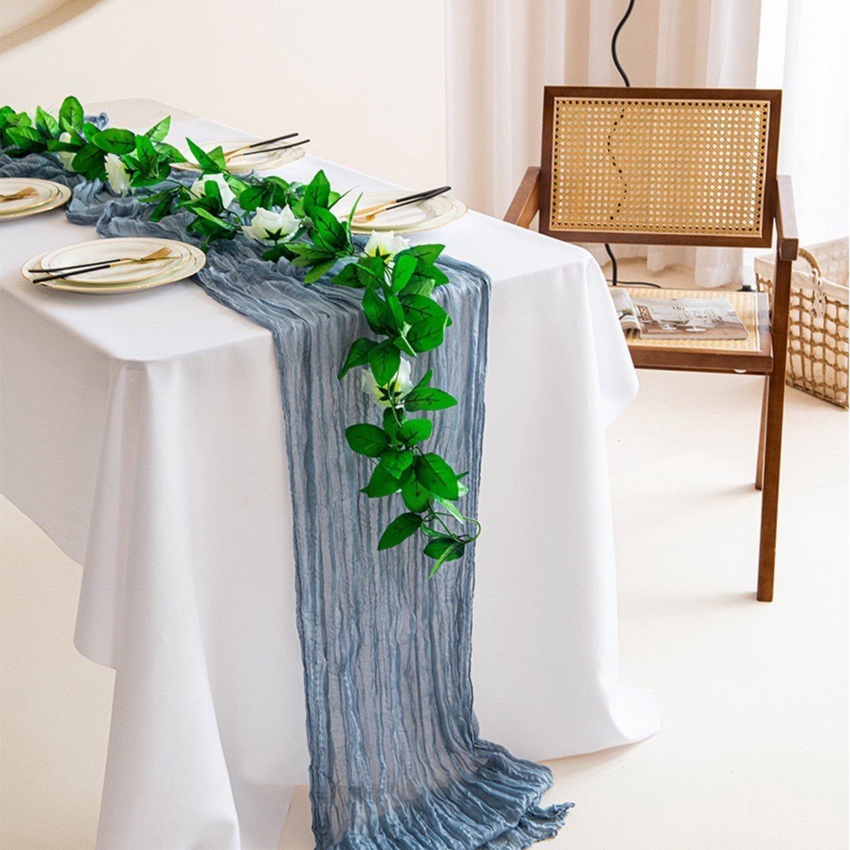 Runner tavola, BAYSEUN Runner da tavolo in chiffon celeste, 70cm x 300cm, romantico runner da