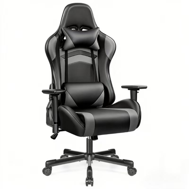 Ergonomiczny fotel gamingowy, czarno-szary, regulowane oparcie 90°-155°, siedzisko sprężynowe, wodoodporna tapicerka poliuretanowa, pełne wsparcie