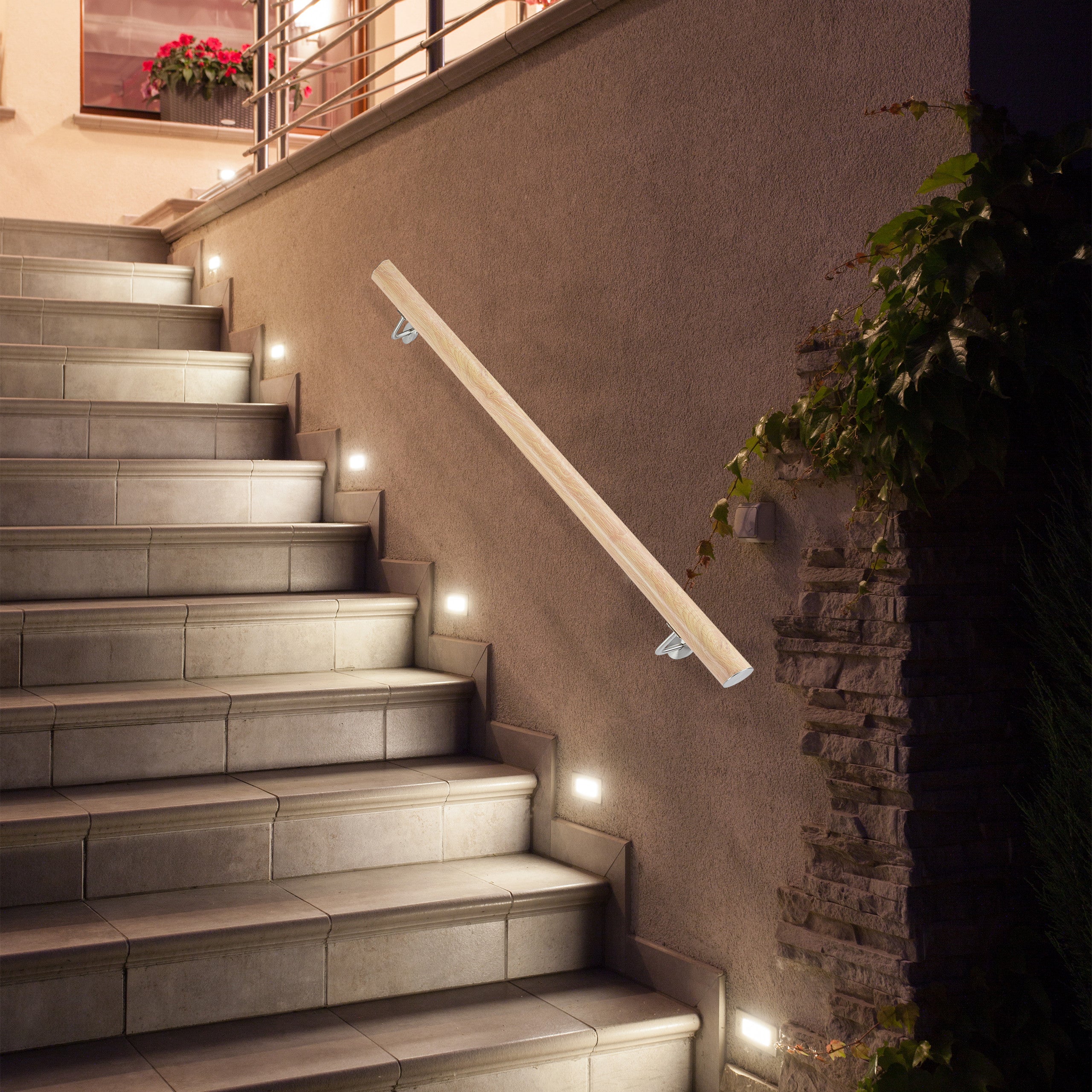 Rampe d’escalier, 200 cm, Main courante escalier, Aluminium, Aspect hêtre intérieur extérieur, Ø 42mm, nature, Relaxdays - 2