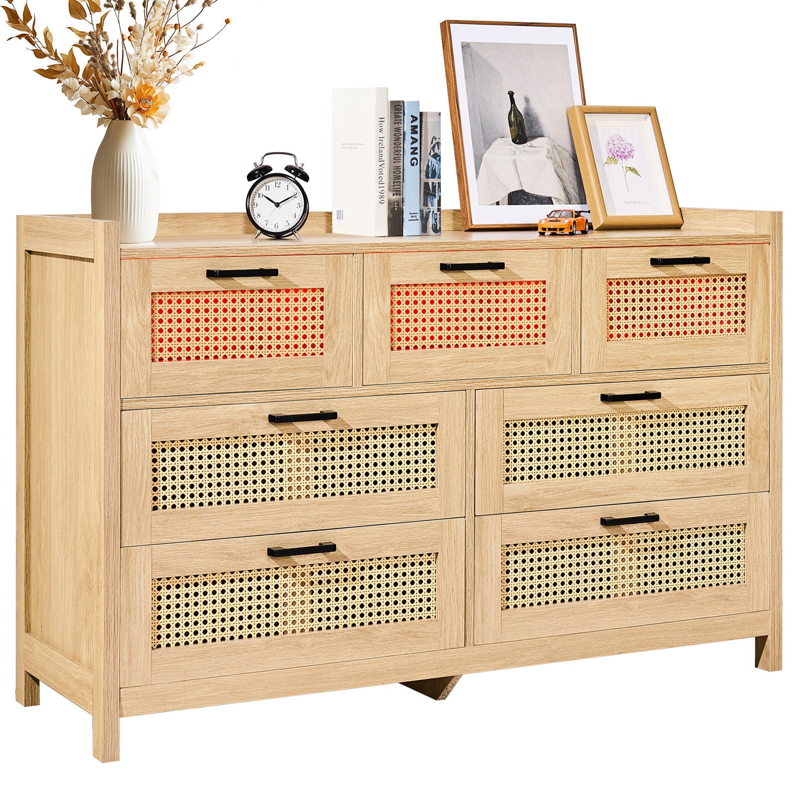 Commode Sideboard Avec 6 Tiroirs, Rotin Commode De Salon En Bois Massif