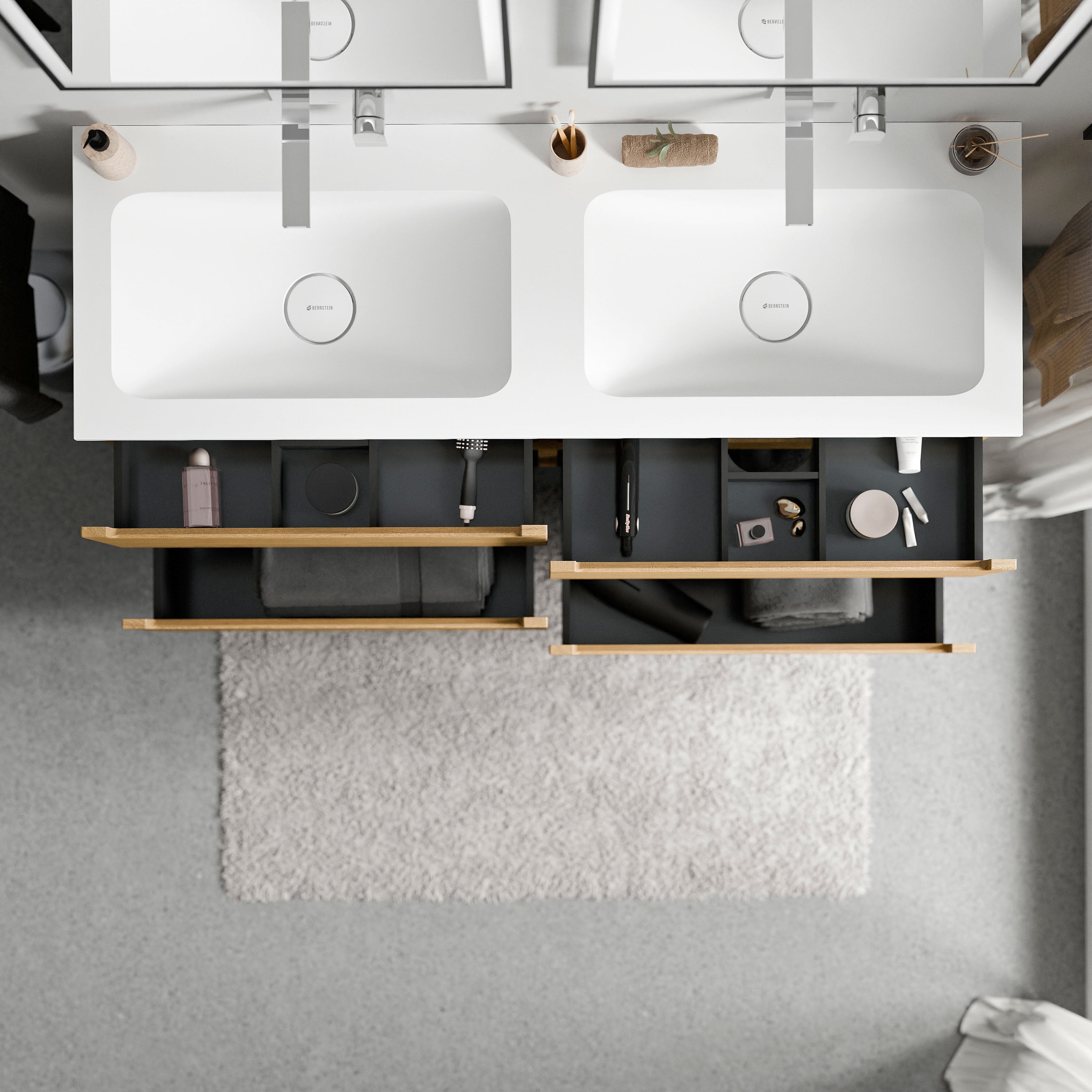 BERNSTEIN - Meuble double vasque suspendu MDF Chêne miel, lavabos fonte Blanc mat sans trou robinet, tiroirs pivotants - 120x46x62cm - VIREO - 3