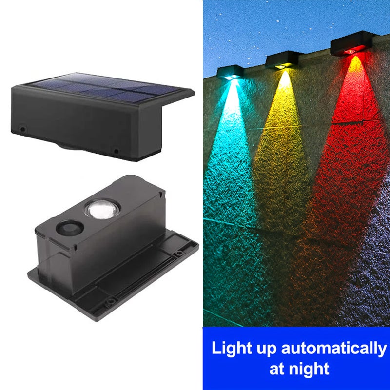 Solarne oświetlenie zewnętrzne patio, zestaw 2 solarnych lamp ogrodzeniowych, solarne lampy ścienne, wodoodporne, RGB + ciepła biel