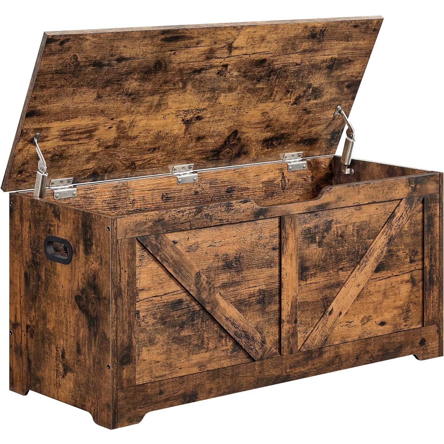 Banca depozitare tip cufar 2 balamale siguranta stil hambar, 40x100x46 cm, maxim 100 kg, maro rustic