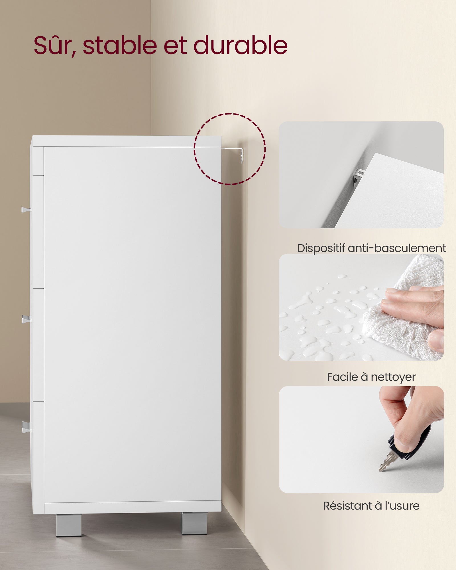 Meuble sous Lavabo, 3 Tiroirs Latéraux, 2 Compartiments Derrière la Porte, avec Pieds, 30 x 70 x 64 cm, Blanc Nuage - 6